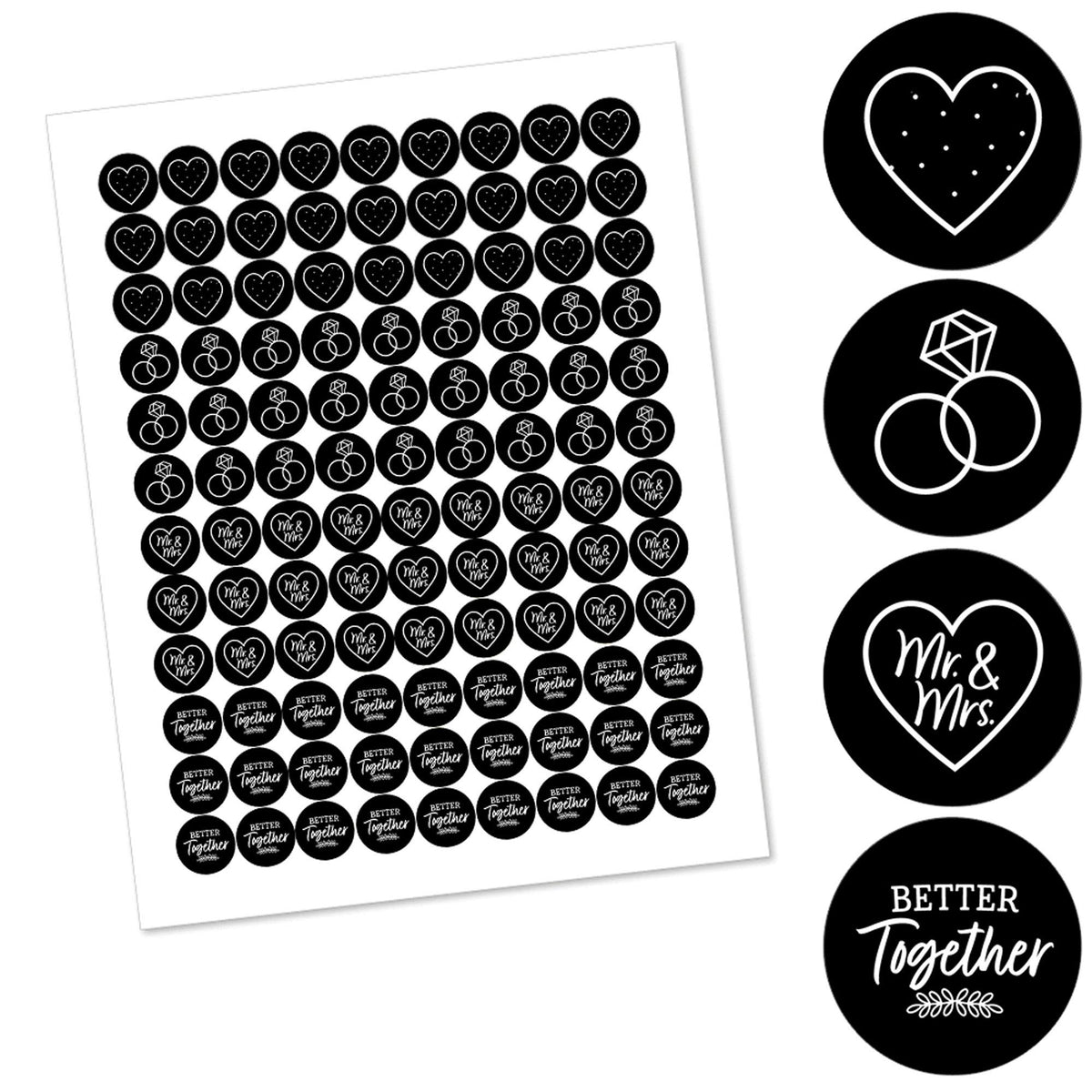 Mr. and Mrs. - Black & White Wedding Favors - Round Candy Stickers - 108pc