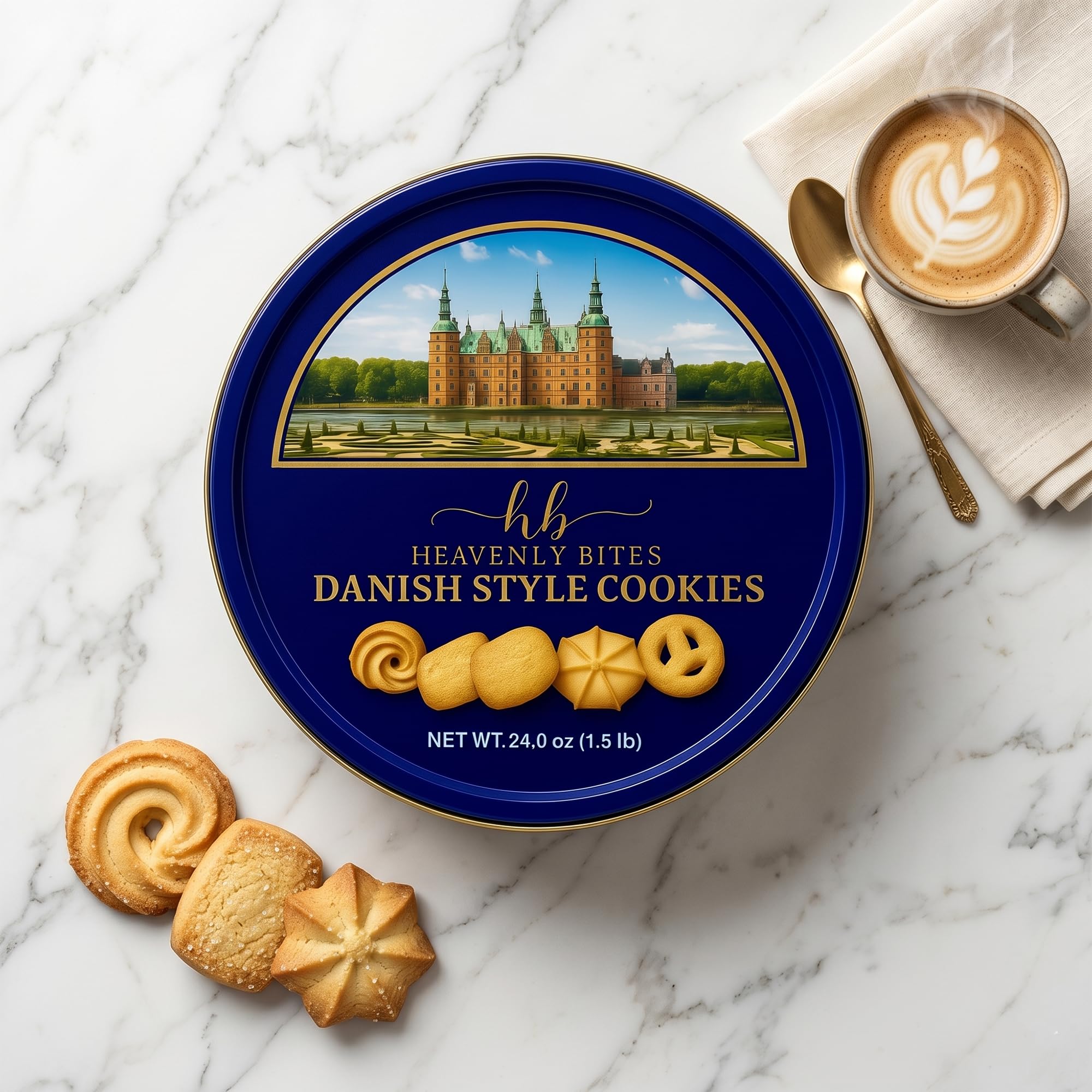 Heavenly Bites Danish Style Butter Cookies in Metal Tin 24 Oz