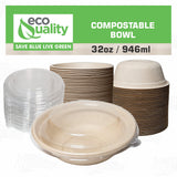 [25 Pack] 32 oz Round Disposable Compostable Paper Bowls with Dome Lids Heavy-Duty, Eco-Friendly Natural Bagasse Unbleached, Heat Resistant, 100%