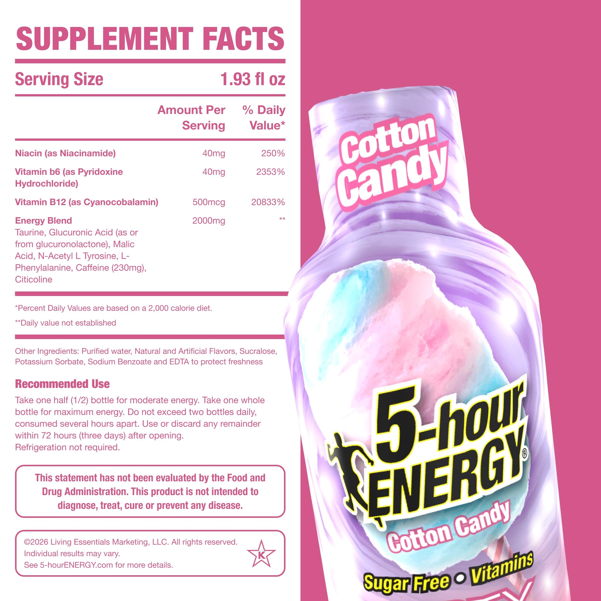 5-hour ENERGY COTTON CANDY Flavor, 6 Count, 1.93 Fl Oz Energy Shot, Extra Strength, Amino Acids, B Vitamins, Sugar Free and Zero Calories