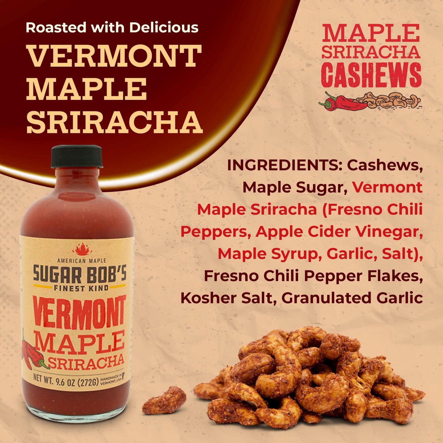 Sugar Bob’s Finest Kind, Maple Sriracha Cashews, Slow Roasted Sweet and Salty Nuts, Handmade in Vermont, 2.5 oz (Pack of 3)
