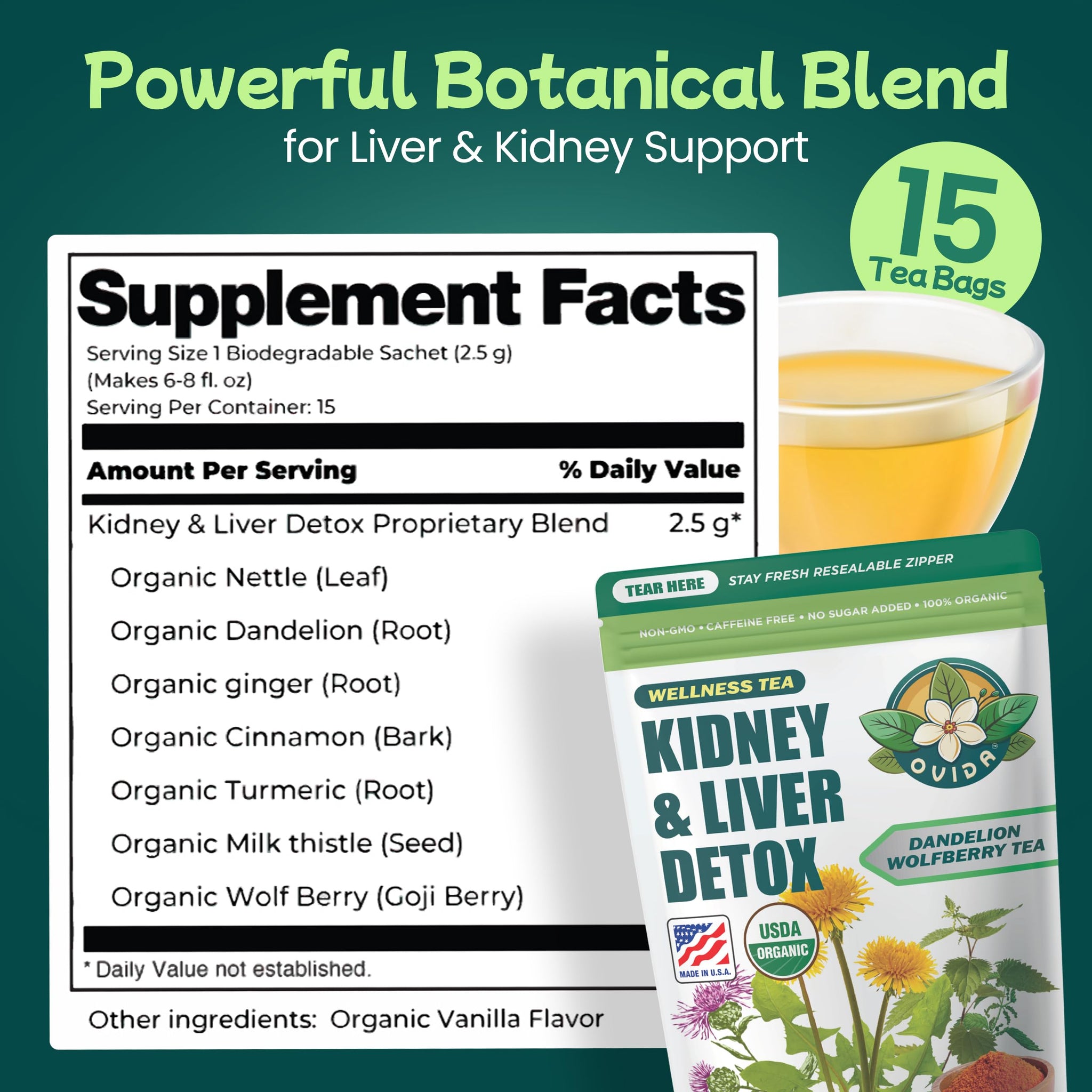 Ovida Dandelion Wolfberry Tea - Natural Kidneys & Liver Health Tea, Organic Herbal Tea with Milk Thistle, Turmeric & Goji Berry, Seven Herbal