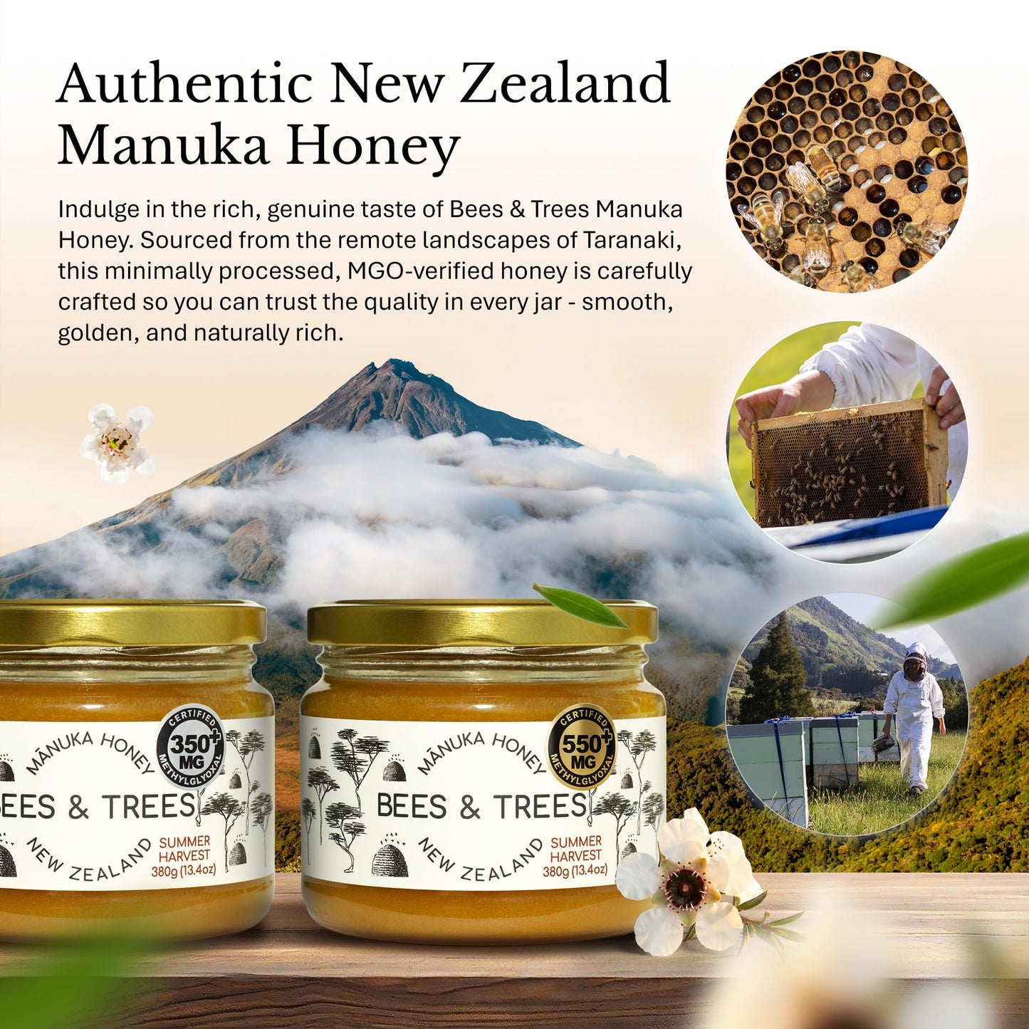 Bees & Trees New Zealand Manuka Honey - 550+ & 350+ MGO - Pure, Unpasteurized Monofloral Premium Superfood Raw Honey, Daily Wellness & Vitality