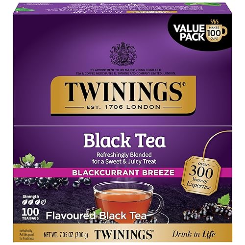 Twinings Blackcurrant Breeze Black Tea Individually Wrapped Bags, 100 Count (Pack of 1), Sweet, Tangy Taste, Caffeinated, Enjoy Hot or Iced, 100
