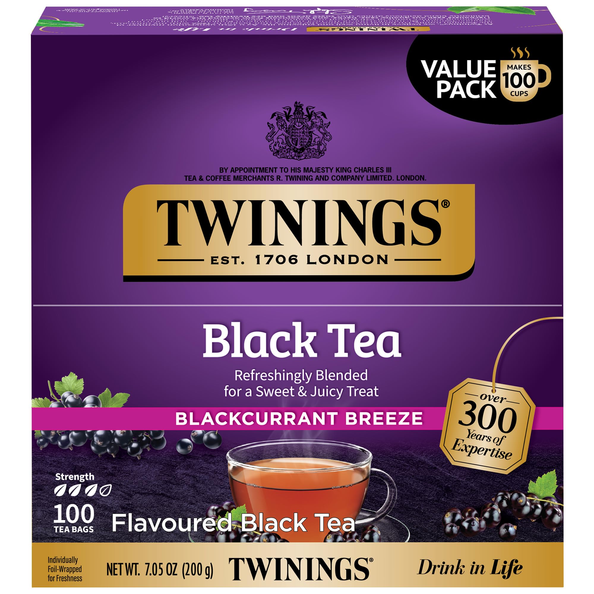 Twinings Blackcurrant Breeze Black Tea Individually Wrapped Bags, 100 Count (Pack of 1), Sweet, Tangy Taste, Caffeinated, Enjoy Hot or Iced, 100