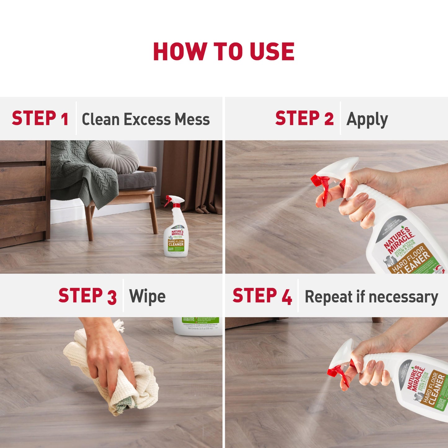 Nature's Miracle Hard Floor Cleaner, 24 Ounces, Dual-Action Stain and Odor Remover Works to Remove Tough Pet Stains and Odors On Sealed Wood and Hard