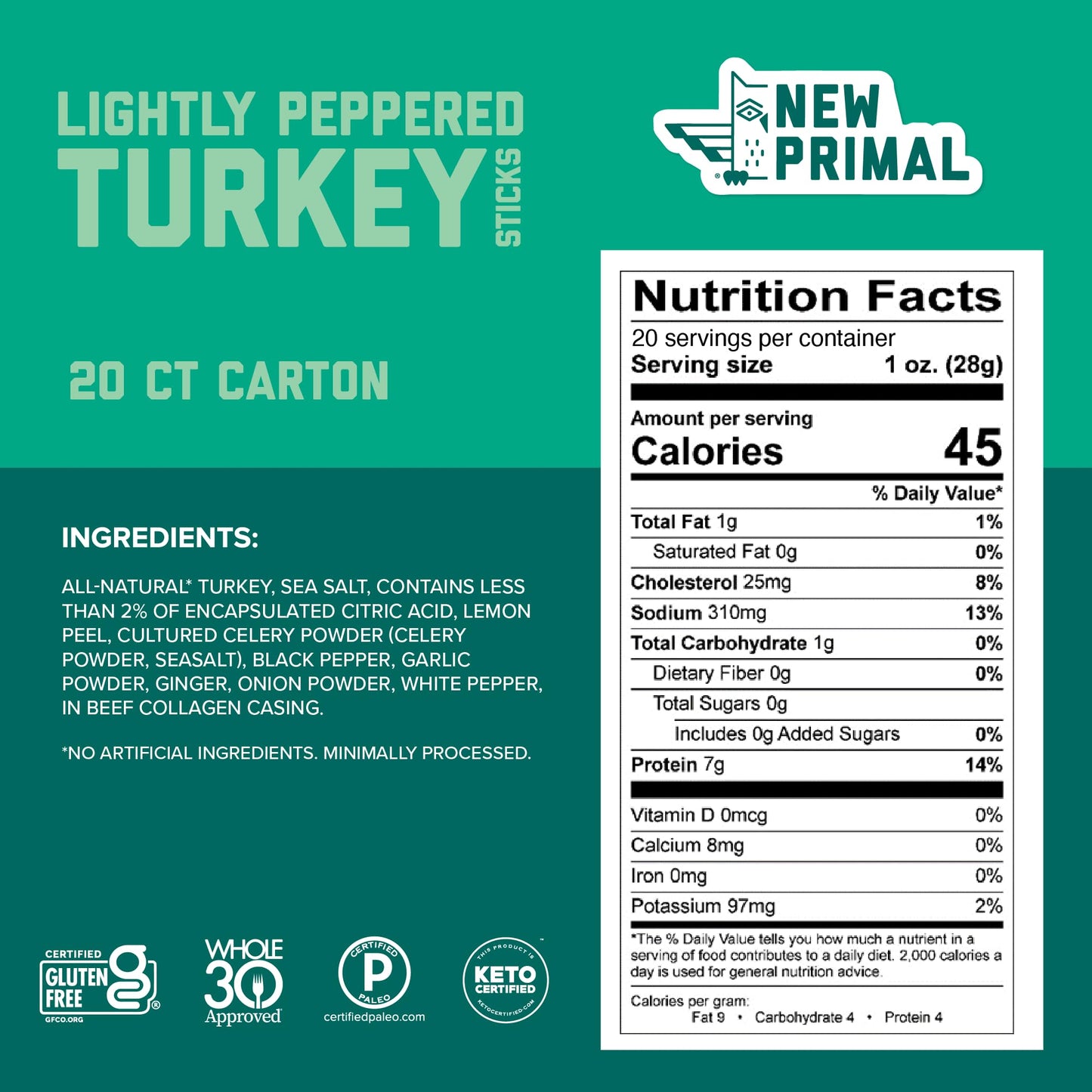New Primal Lightly Peppered Turkey Sticks, Keto, Gluten Free Healthy Snacks, Sugar Free Low Carb High Protein, Jerky Meat Stick, 7g Protein, 20 Ct