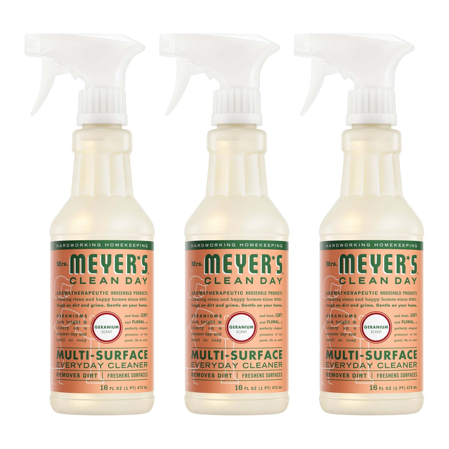 MRS. MEYER'S CLEAN DAY Multi-Surface Everyday Cleaner, Geranium Scent, 16 Fl Oz Bottle - 3 Pack
