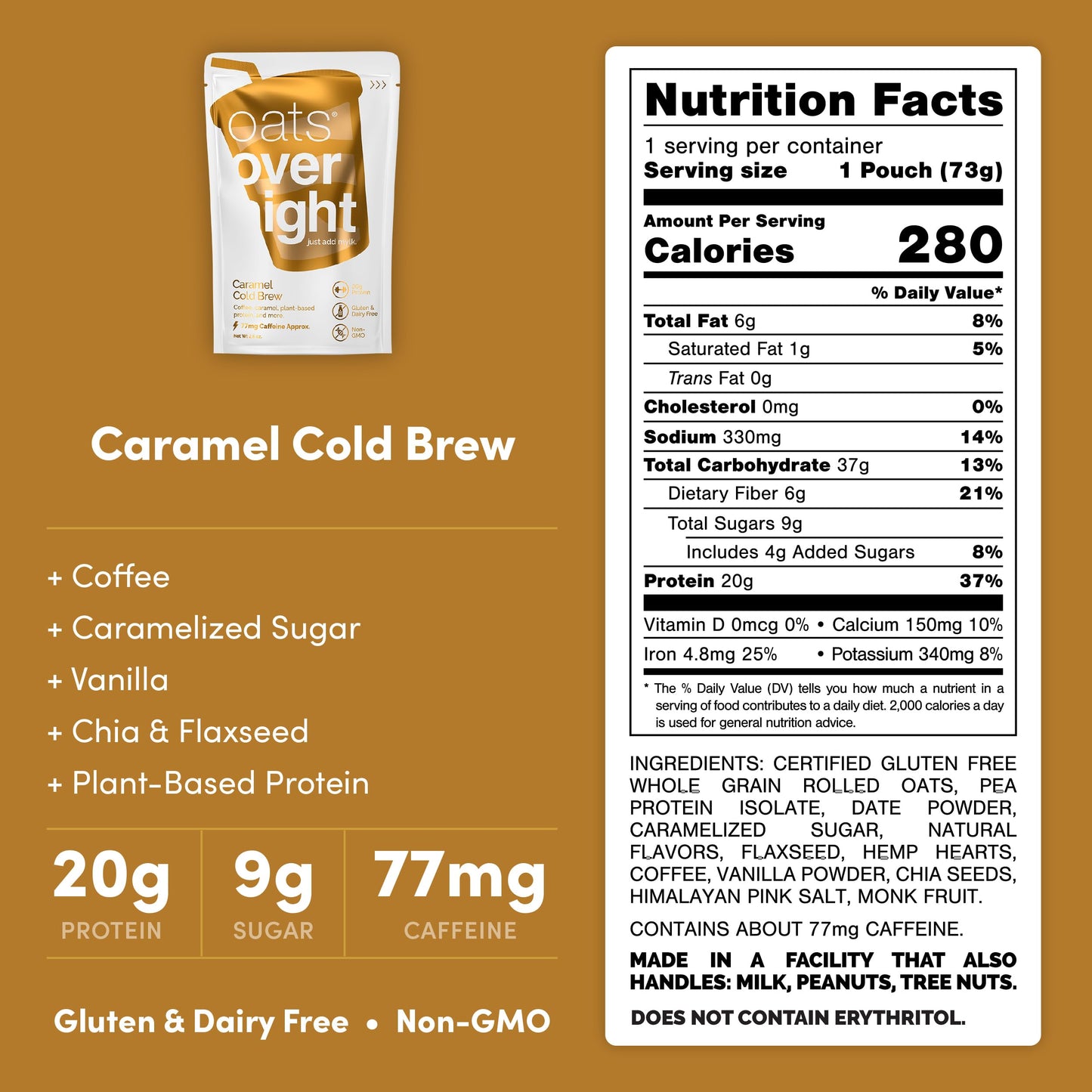 Oats Overnight - Caramel Cold Brew - Vegan, 20g Protein, High Fiber Breakfast Shake 65mg Caffeine - Gluten Free, Non GMO Oatmeal (2.6 oz per meal) (8