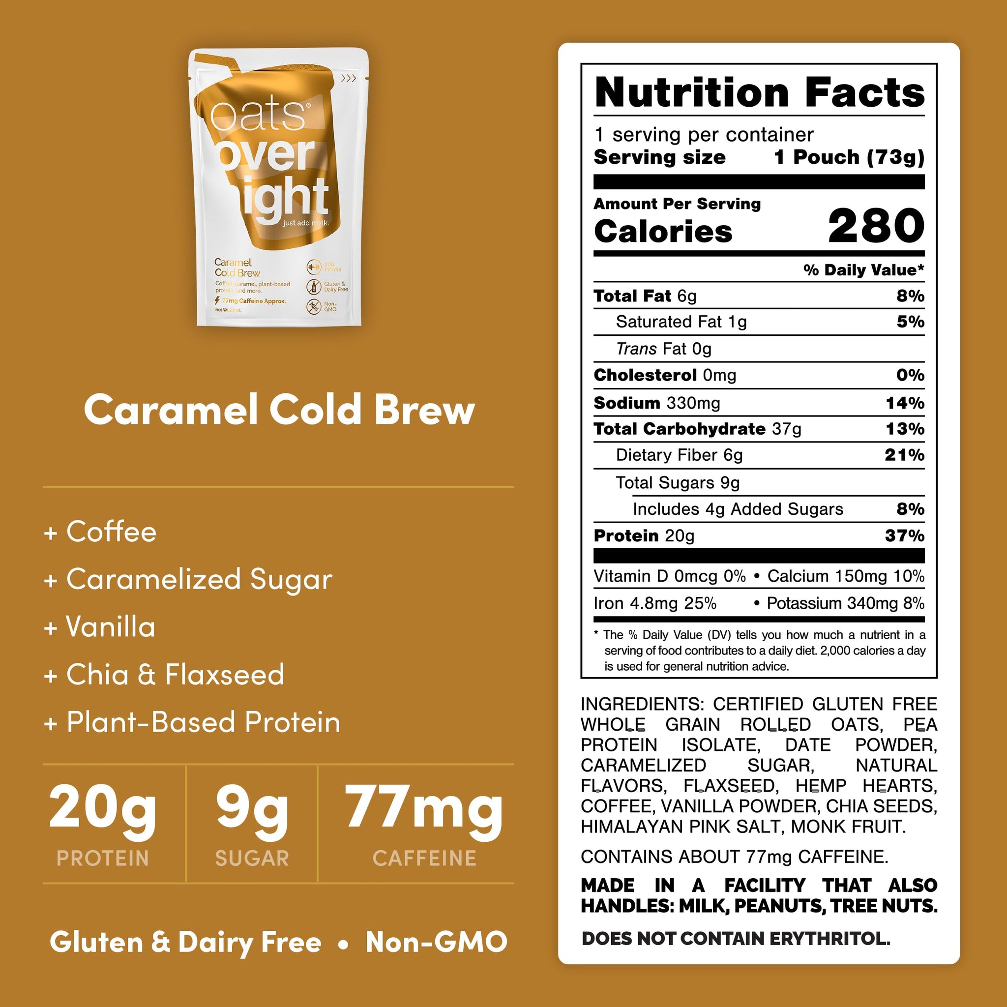 Oats Overnight - Caramel Cold Brew - Vegan, 20g Protein, High Fiber Breakfast Shake 65mg Caffeine - Gluten Free, Non GMO Oatmeal (2.6 oz per meal) (8