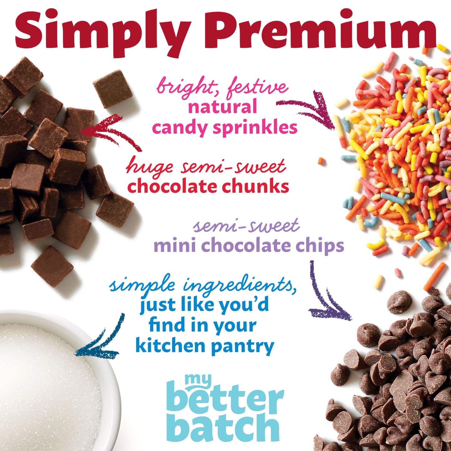 My Better Batch, Try Them ALL: Chocolate Chip, Double Chocolate, Sugar, Celebration Cookie Mix Variety Pack, Valenties Day Cookie Mix, Makes 64 Large Cookies, Non GMO, Kosher, 16oz (Pack of 4)