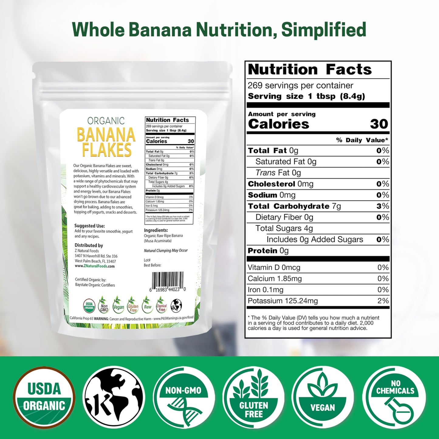 Z Natural Foods Organic Banana Flakes - Crisp Ripe Bananas for Potassium & Fiber Support, Digestive Health, Skin Glow - Natural Flavor & Dried Flake