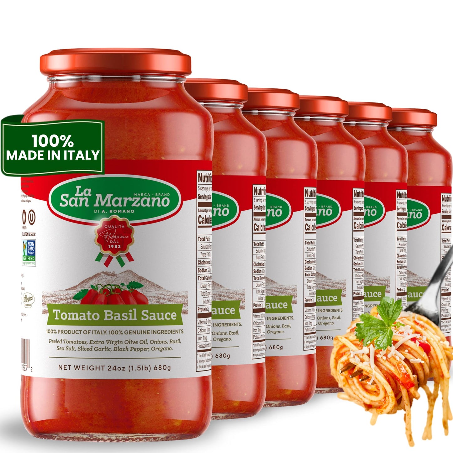 La San Marzano Tomato Basil Sauce, 24 oz, Pasta Sauce Made in Italy, All Purpose Tomato Premium Quality, All Natural, Mediterranean Diet, Non GMO