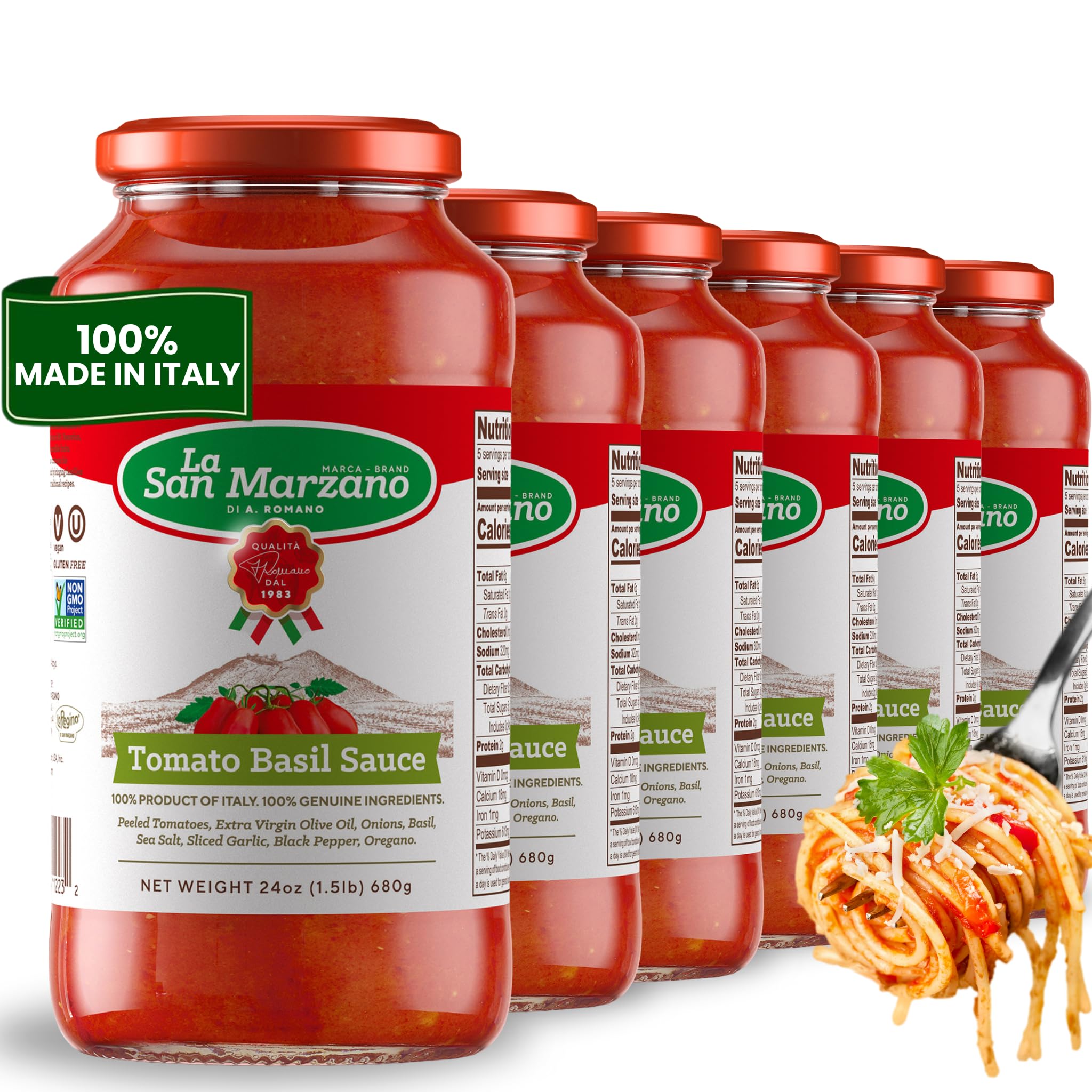 La San Marzano Tomato Basil Sauce, 24 oz, Pasta Sauce Made in Italy, All Purpose Tomato Premium Quality, All Natural, Mediterranean Diet, Non GMO