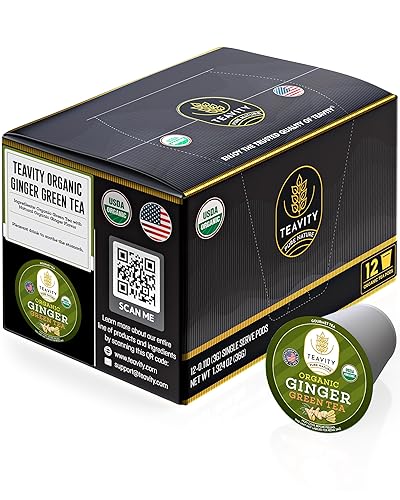 Green Tea & Ginger Tea Pods for Keurig - Caffeinated, Organic, Dye Free, Unsweetened, Herbal Blend for K Cup Machines - Hot or Iced (12 Tea Pods)