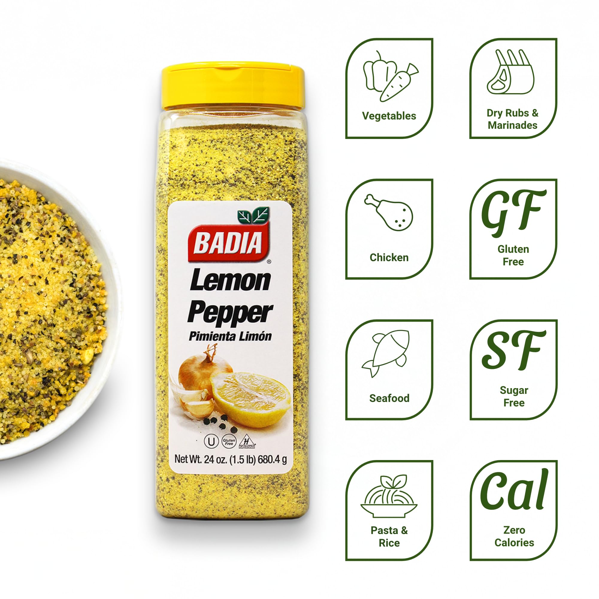 Badia Lemon Pepper Seasoning, 24 oz - Pepper, Garlic & Onion, Zesty Citrus Blend for Chicken, Seafood & Vegetables