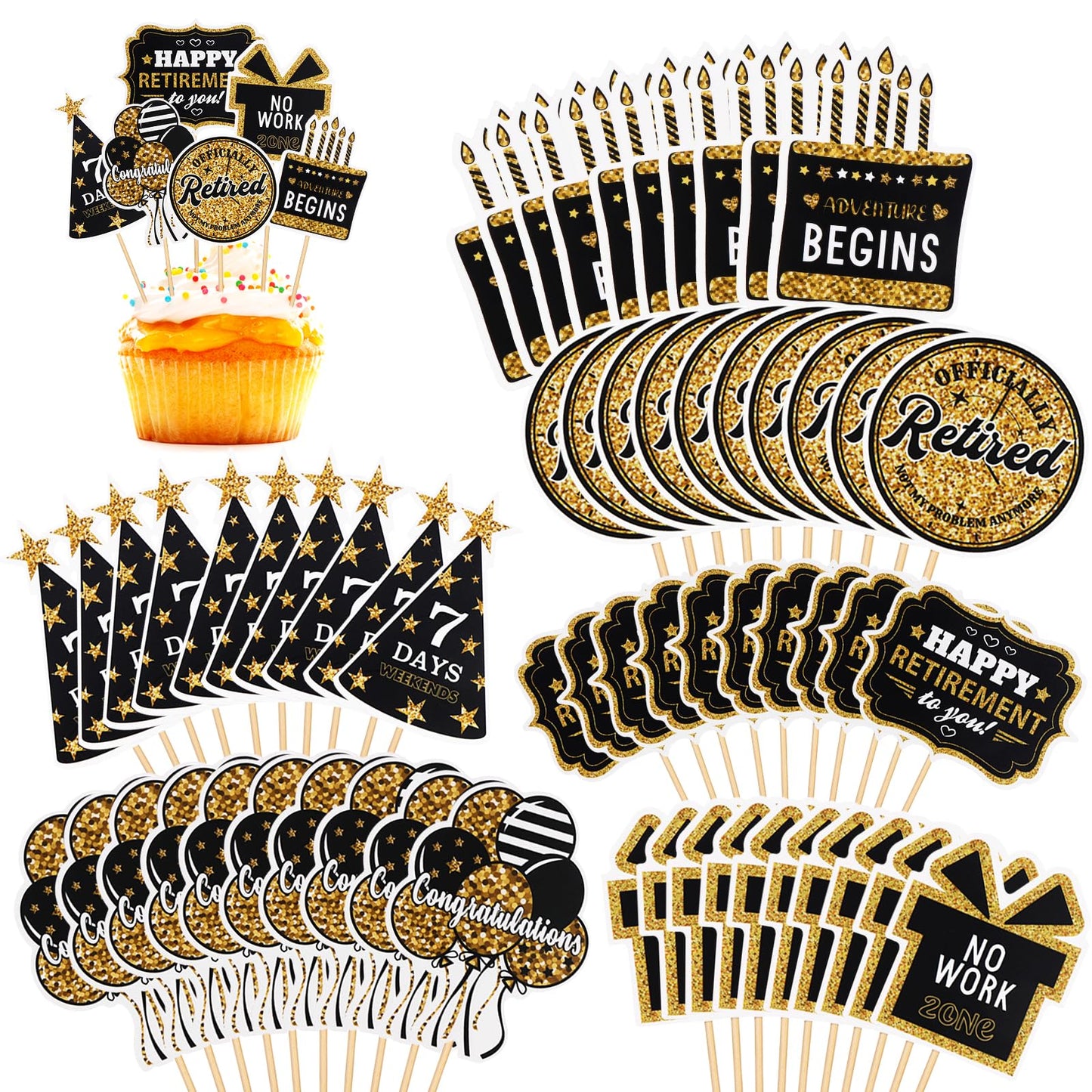 60 Pcs Happy Retirement Cupcake Toppers, Gold Retired Cake Picks for Party Decoration - Birthday Cake Topper Supplies