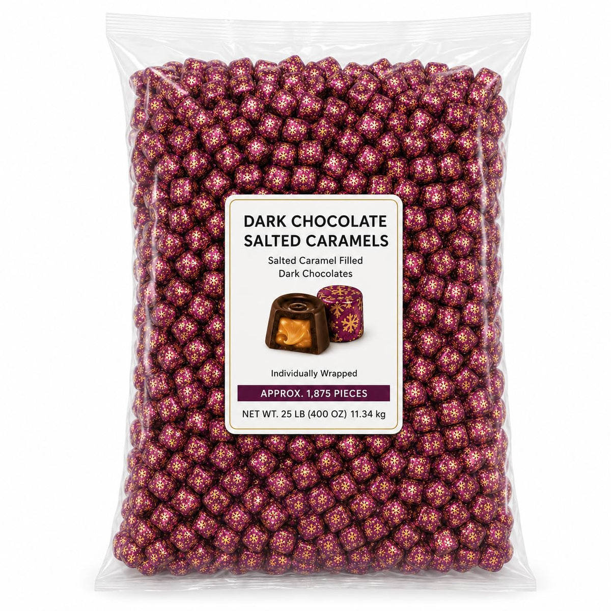 Dark Chocolate Salted Caramel Candy, Christmas Wrapped Caramels - 25 lb (Approx. 1,125 pieces)