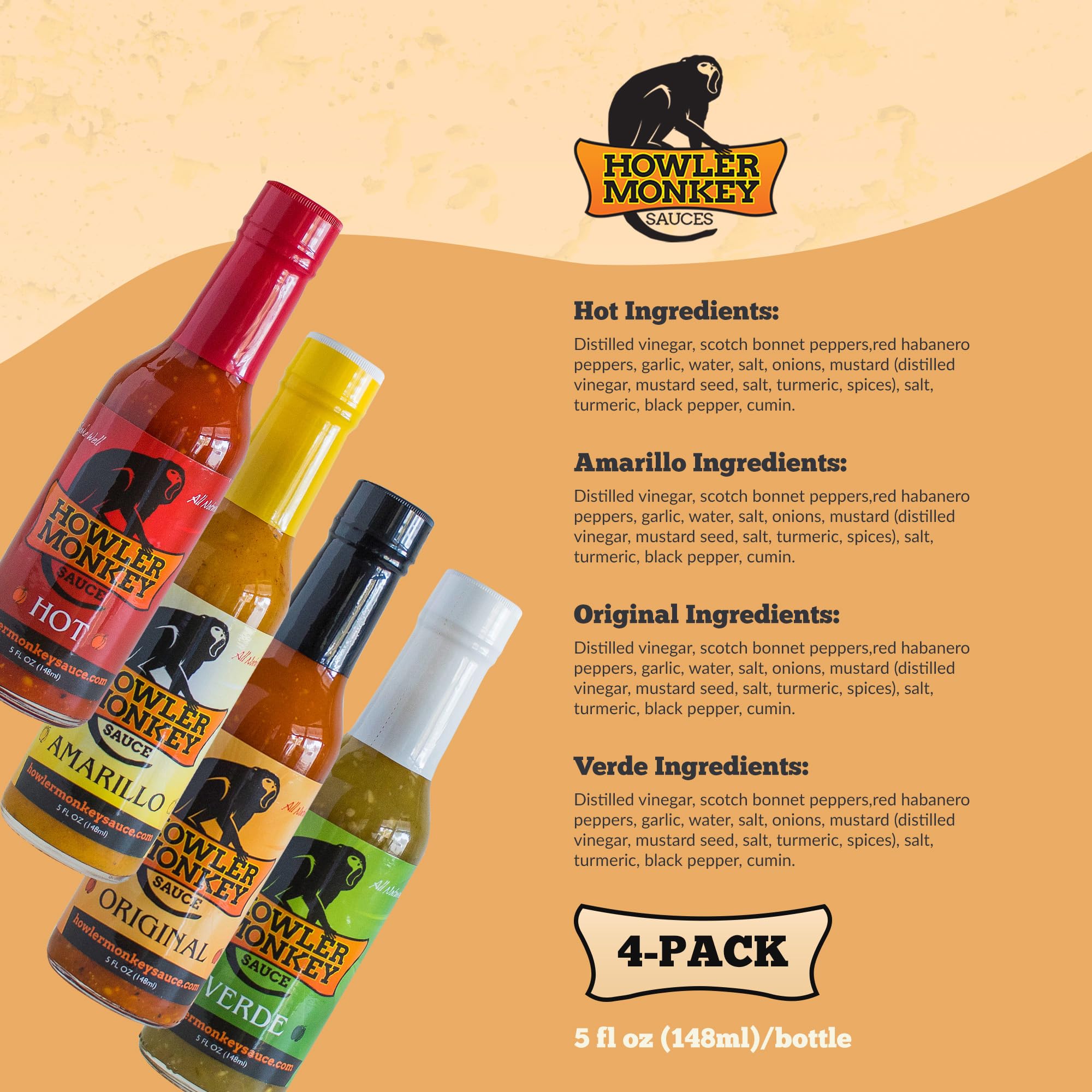 Howler Monkey Sauce - Hot Sauce Variety Pack - 5 Fl Oz (Pack of 4)