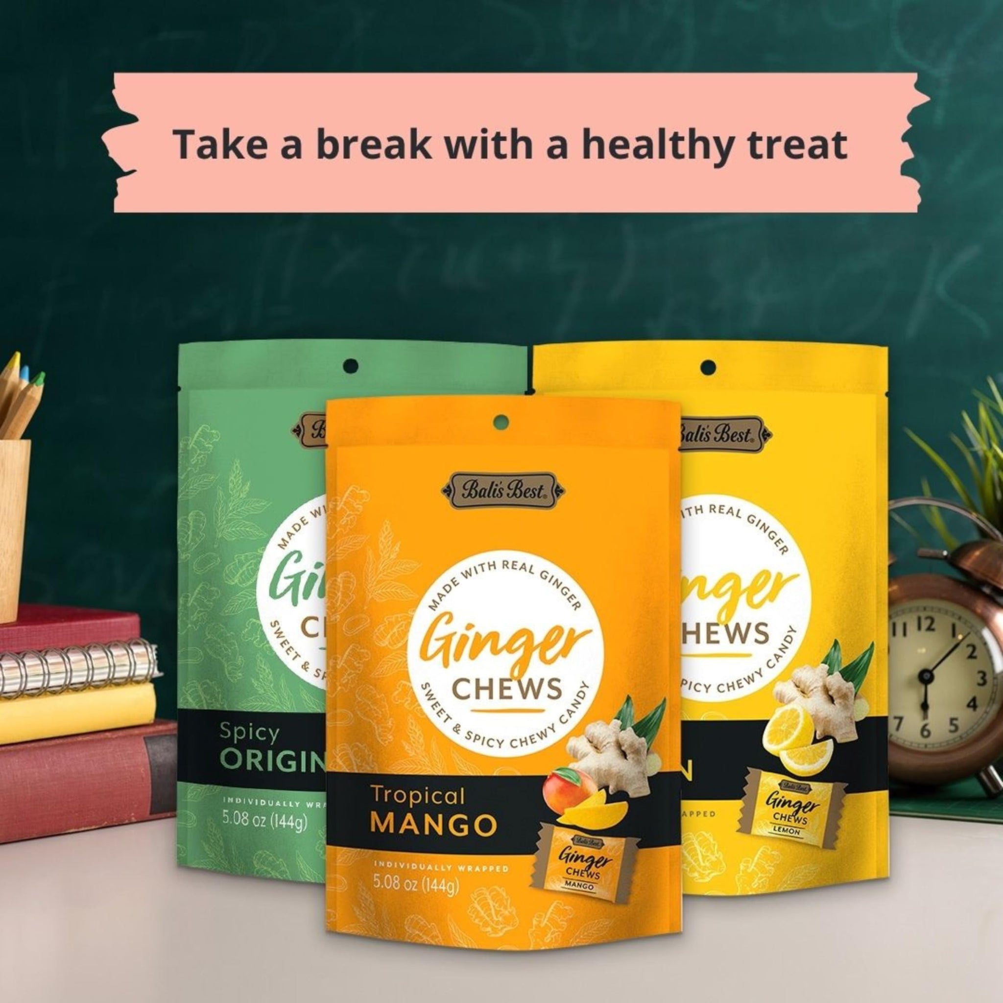 Bali's Best Ginger Chews, Zesty Lemon Flavor, 5.08 Oz (Pack of 3), Individually Wrapped Soft Candy, Made with 100% Real Ginger, Digestive Health