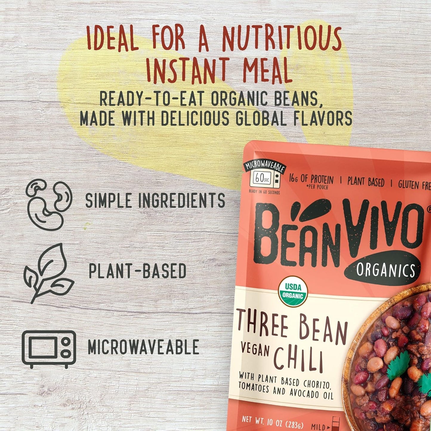 BeanVIVO (Pack of 12) Organics 16g Plant based Protein Three Bean Vegan Chili - Good Source of Fiber - Nutritious & Microwave Meals - Gluten-Free