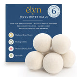 ELYN Wool Dryer Balls 6-Pack - XL, 100% New Zealand Wool, Reusable and Handmade. Fragrance-Free, Natural Fabric Softener, Reduce Wrinkles and Decrease