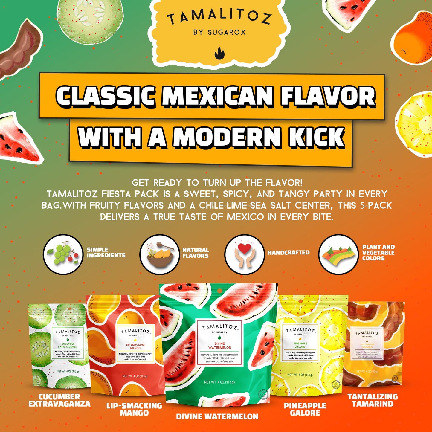 Tamalitoz Fiesta Pack - Spicy Mexican Hard Candy Variety with Chile, Lime & Sea Salt - 5 Flavors: Mango, Watermelon, Cucumber, Tamarind & Pineapple