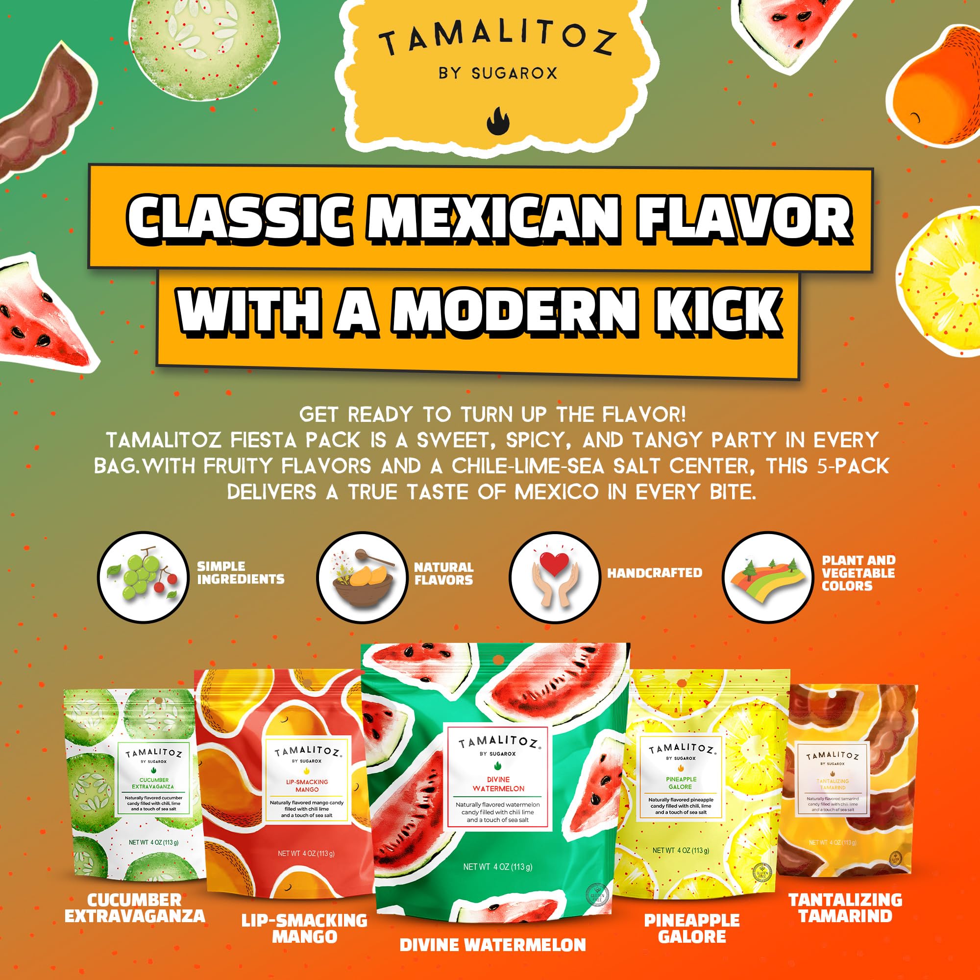 Tamalitoz Fiesta Pack - Spicy Mexican Hard Candy Variety with Chile, Lime & Sea Salt - 5 Flavors: Mango, Watermelon, Cucumber, Tamarind & Pineapple