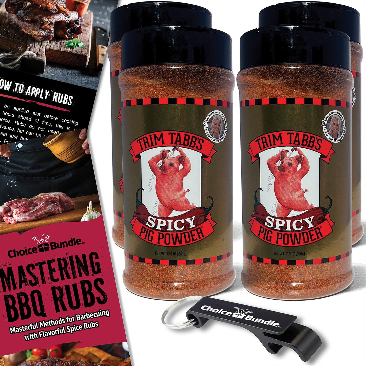 Trim Tabb’s Spicy Pig Powder Premium BBQ Barbecue Rub & Seasoning 4 Pk (48 oz) + BBQ Masters & Opener (6 Items)!