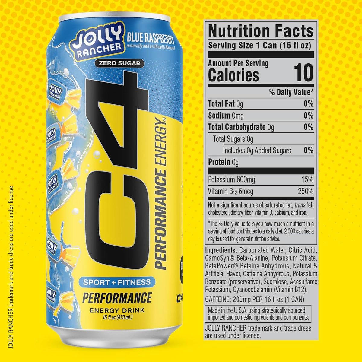 C4 Performance Energy Drink | JOLLY RANCHER Blue Raspberry | Zero Sugar Carbonated Preworkout Energy | 200mg Caffeine with Beta Alanine | 16 Fl Oz (24