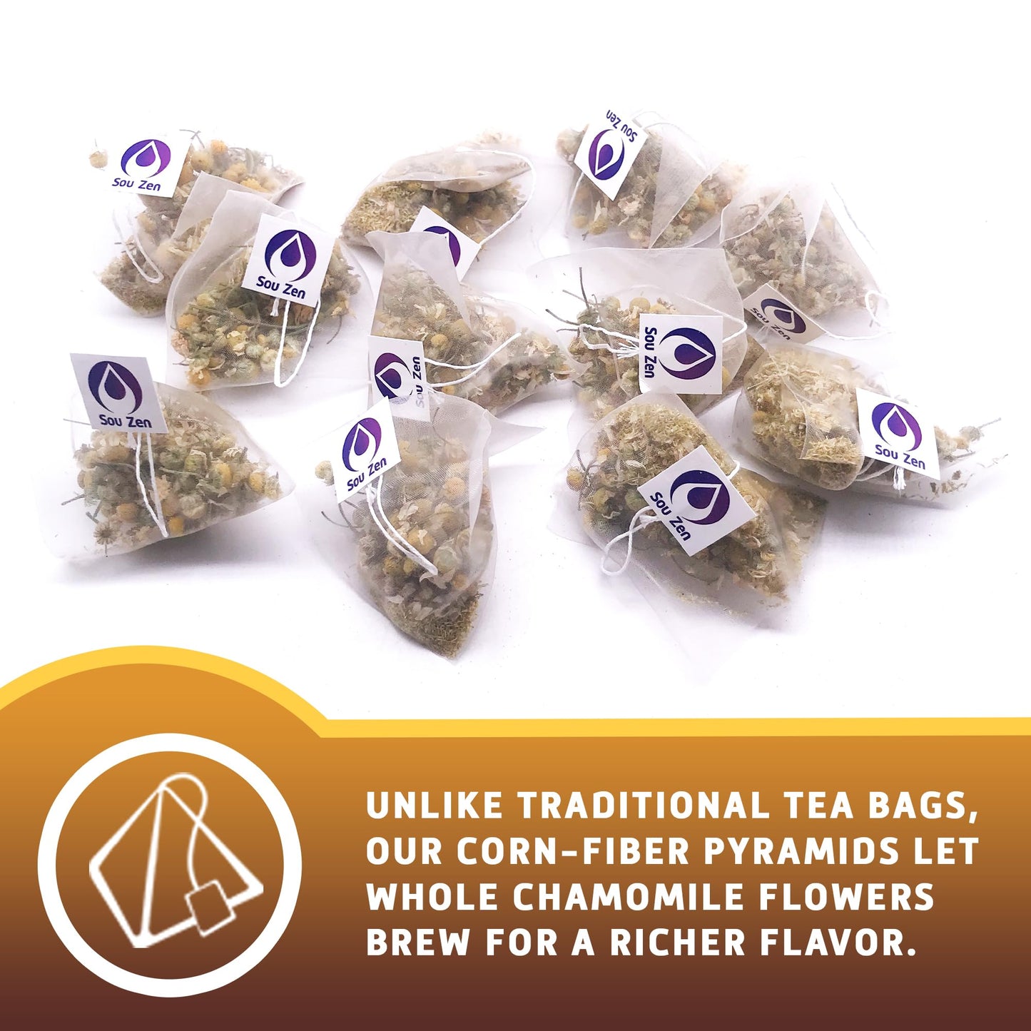 Sou Zen Chamomile Comfort Loose Leaf Chamomile Tea Bags (30 Ct) - Corn Fiber Pyramid Tea Bags, Caffeine-Free Herbal Tea
