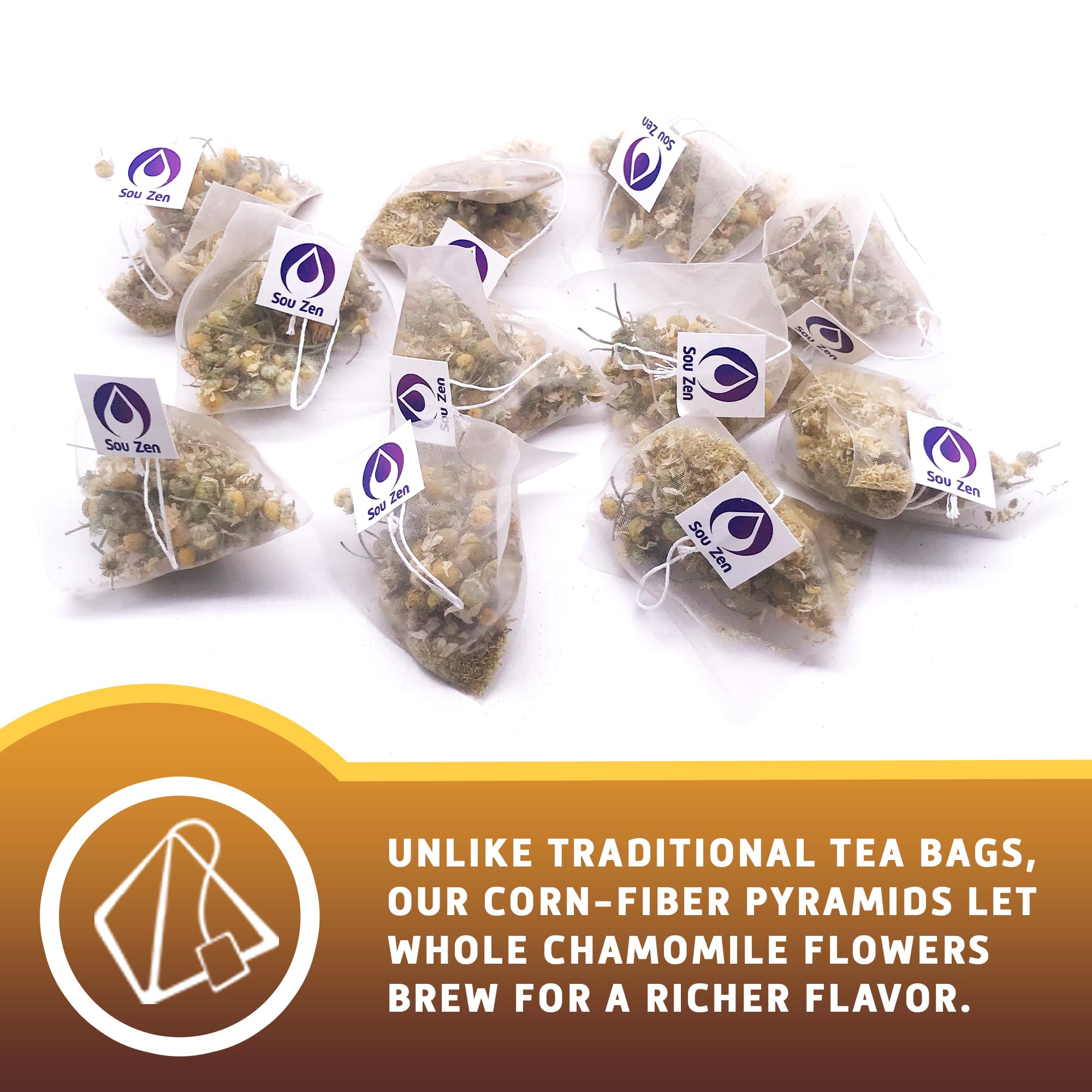 Sou Zen Chamomile Comfort Loose Leaf Chamomile Tea Bags (30 Ct) - Corn Fiber Pyramid Tea Bags, Caffeine-Free Herbal Tea