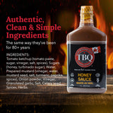 TBQ - Honey Barbecue Sauce, Honey Hot Sauce, Vegan Honey BBQ Sauce, Barbecue Marinade and Sauces for Salmon, Ribs, Vegetables, and More, Made of Real