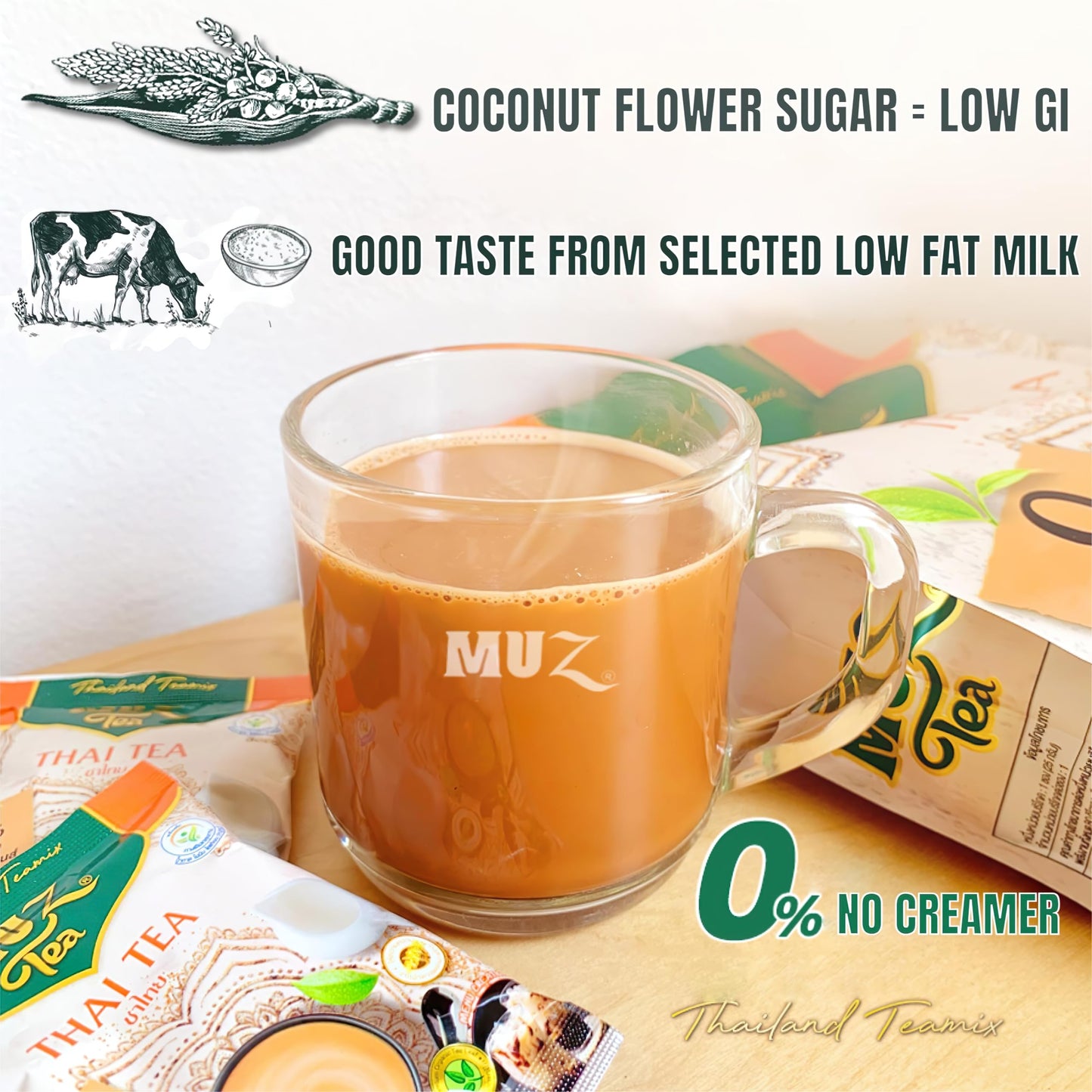 MuzTea Thai Tea Mix Milk Tea Powder 3 in 1 Instant Thai Tea Drink Packets Authentic Assam Tea Leaves For Hot Ice Tea, No Artificial Color 15 Sachets
