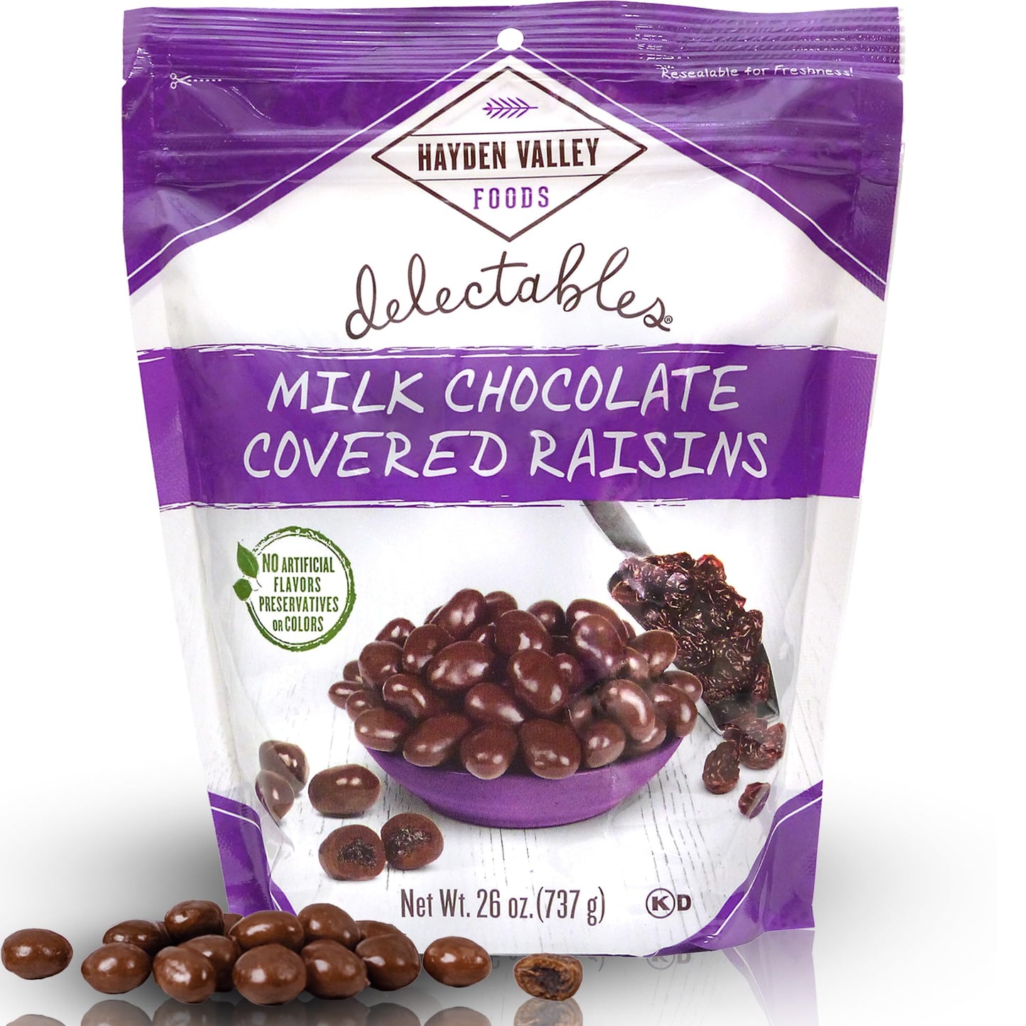 Hayden Valley Foods Milk Chocolate Covered Raisins | 26 oz Resealable Bag | No Artificial Flavors, Preservatives or Colors | Bulk Gourmet Sweet Fruit