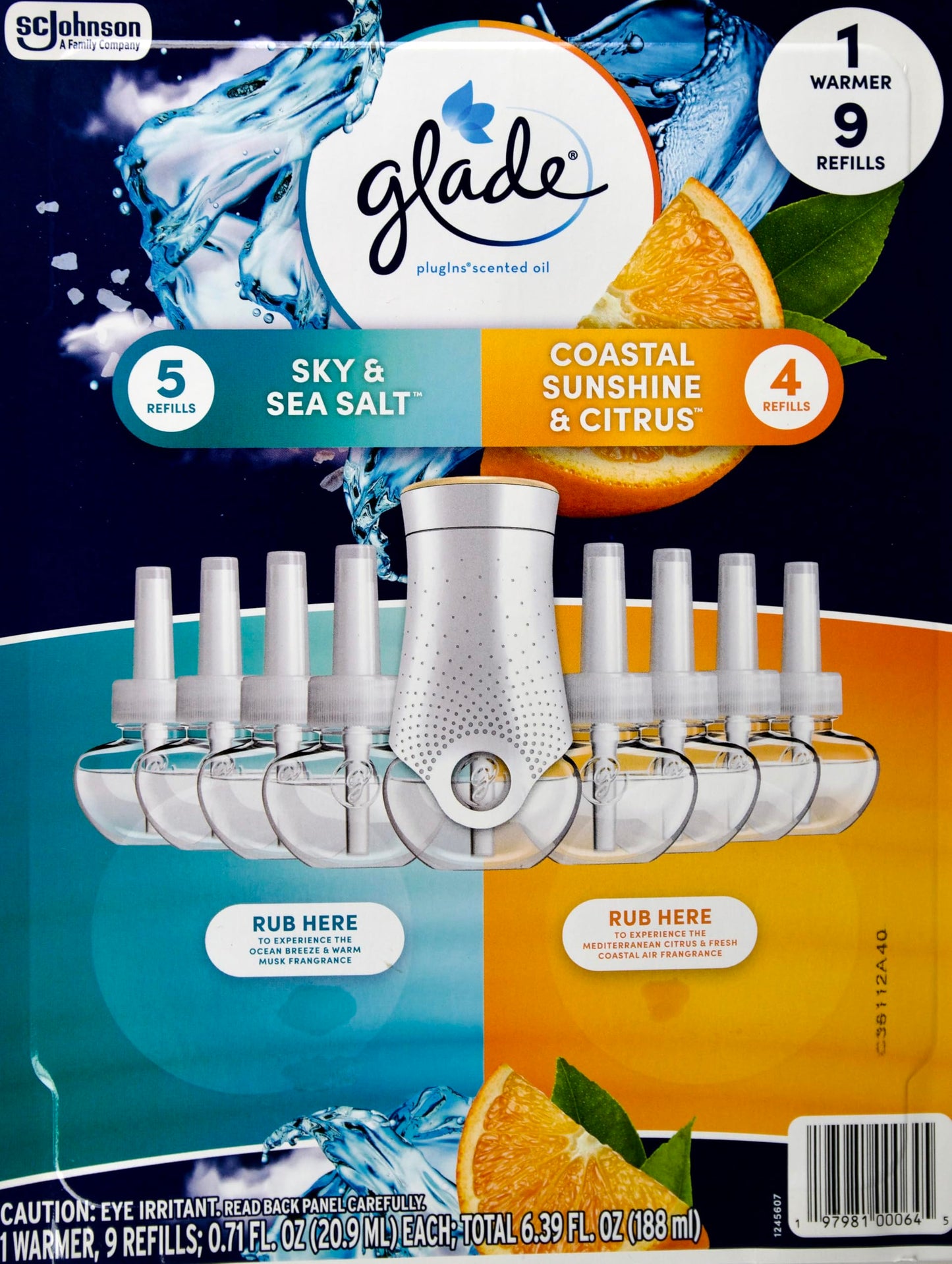 Glade Scented Oil Refills - 5 Sky & Sea Salt + 4 Sunshine Citrus + 1 Warmer
