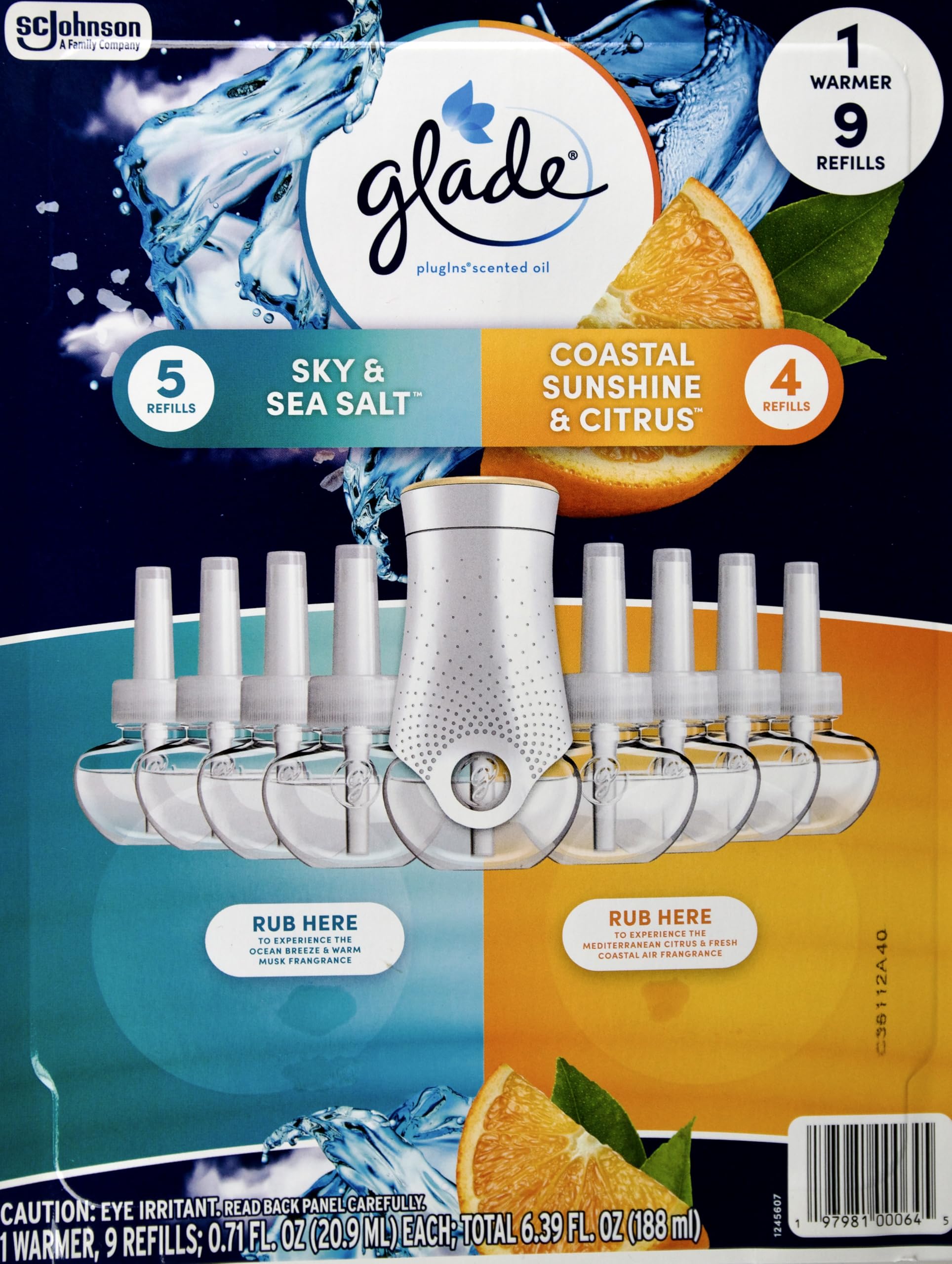 Glade Scented Oil Refills - 5 Sky & Sea Salt + 4 Sunshine Citrus + 1 Warmer
