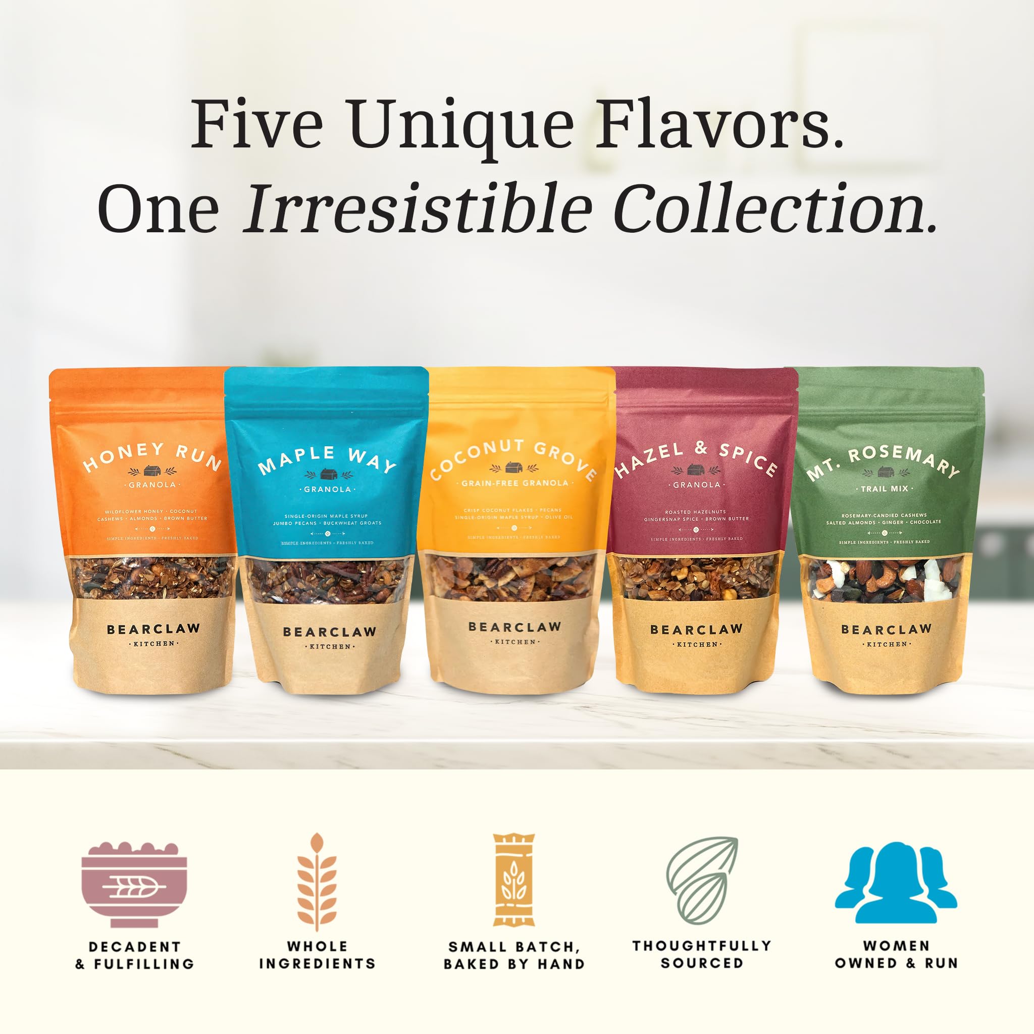 Bearclaw Kitchen Granola & Trail Mix Sampler 5-Pack - Full-Size 8oz Bags of Honey Run, Maple Way, Hazel & Spice, Coconut Grove & Mt. Rosemary