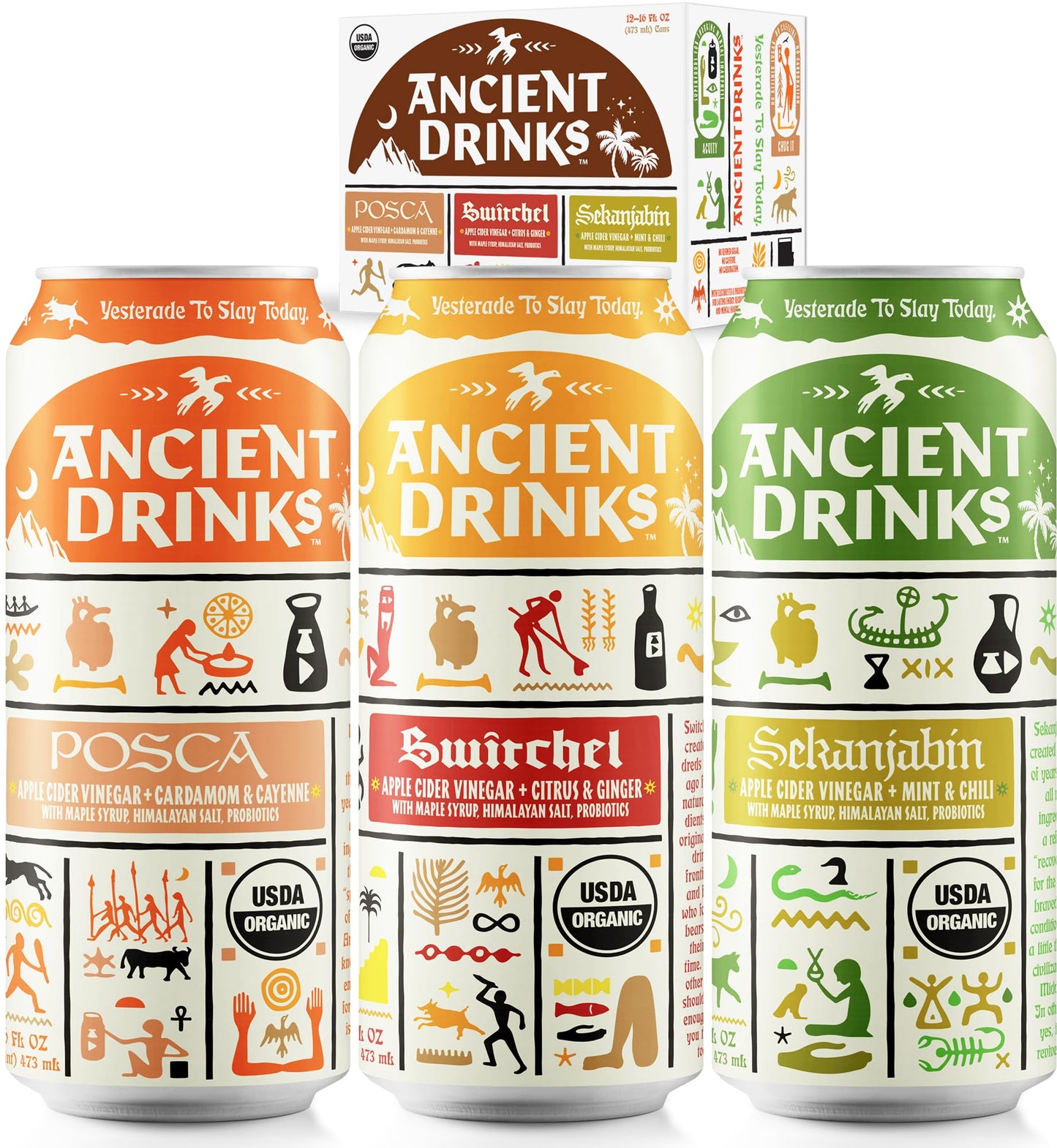 ANCIENT DRINKS Apple Cider Vinegar Electrolyte Drink with Probiotics - Organic Hydration Beverage Variety Pack (Posca, Switchel, Sekanjabin) - ACV