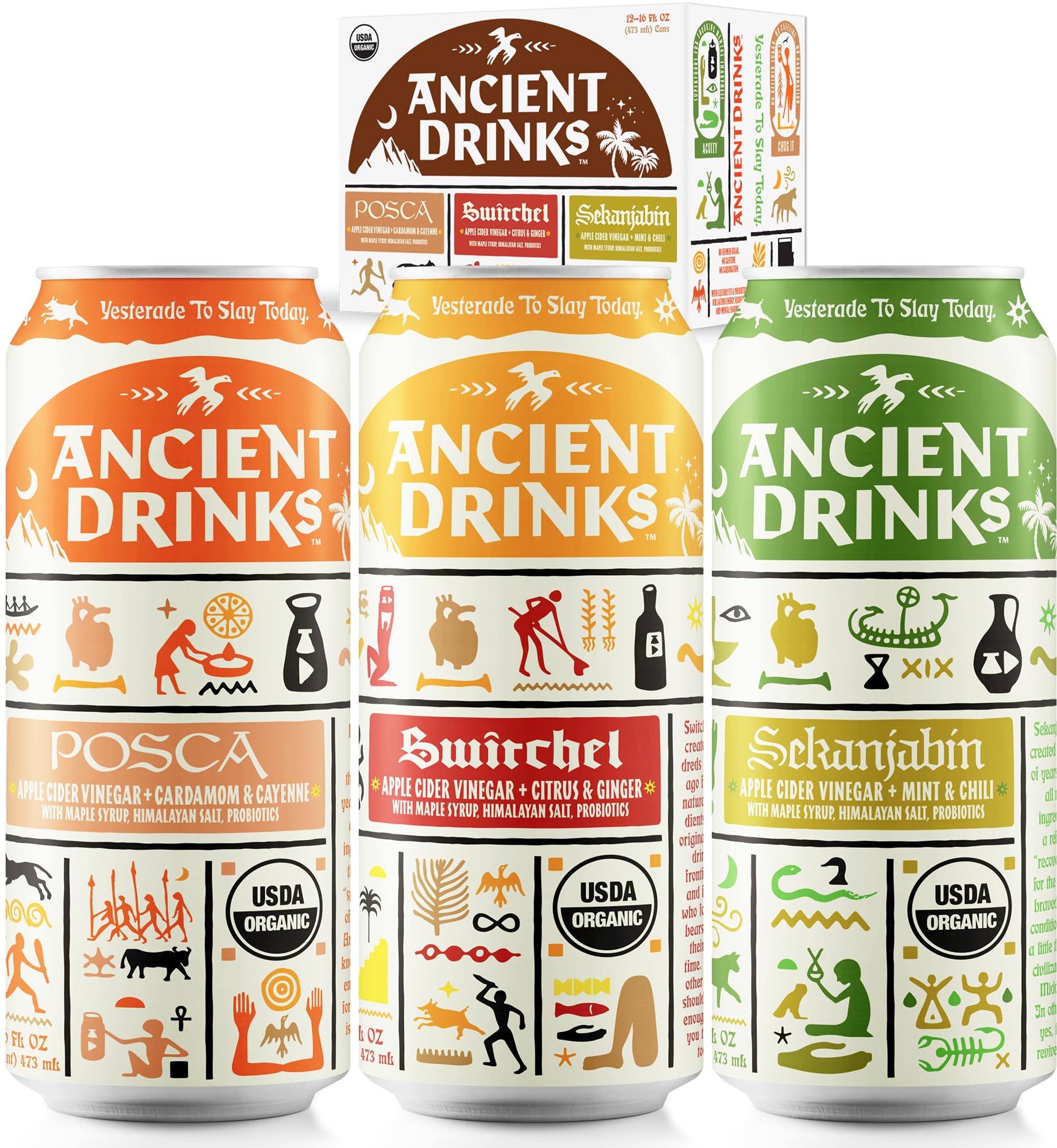 ANCIENT DRINKS Apple Cider Vinegar Electrolyte Drink with Probiotics - Organic Hydration Beverage Variety Pack (Posca, Switchel, Sekanjabin) - ACV