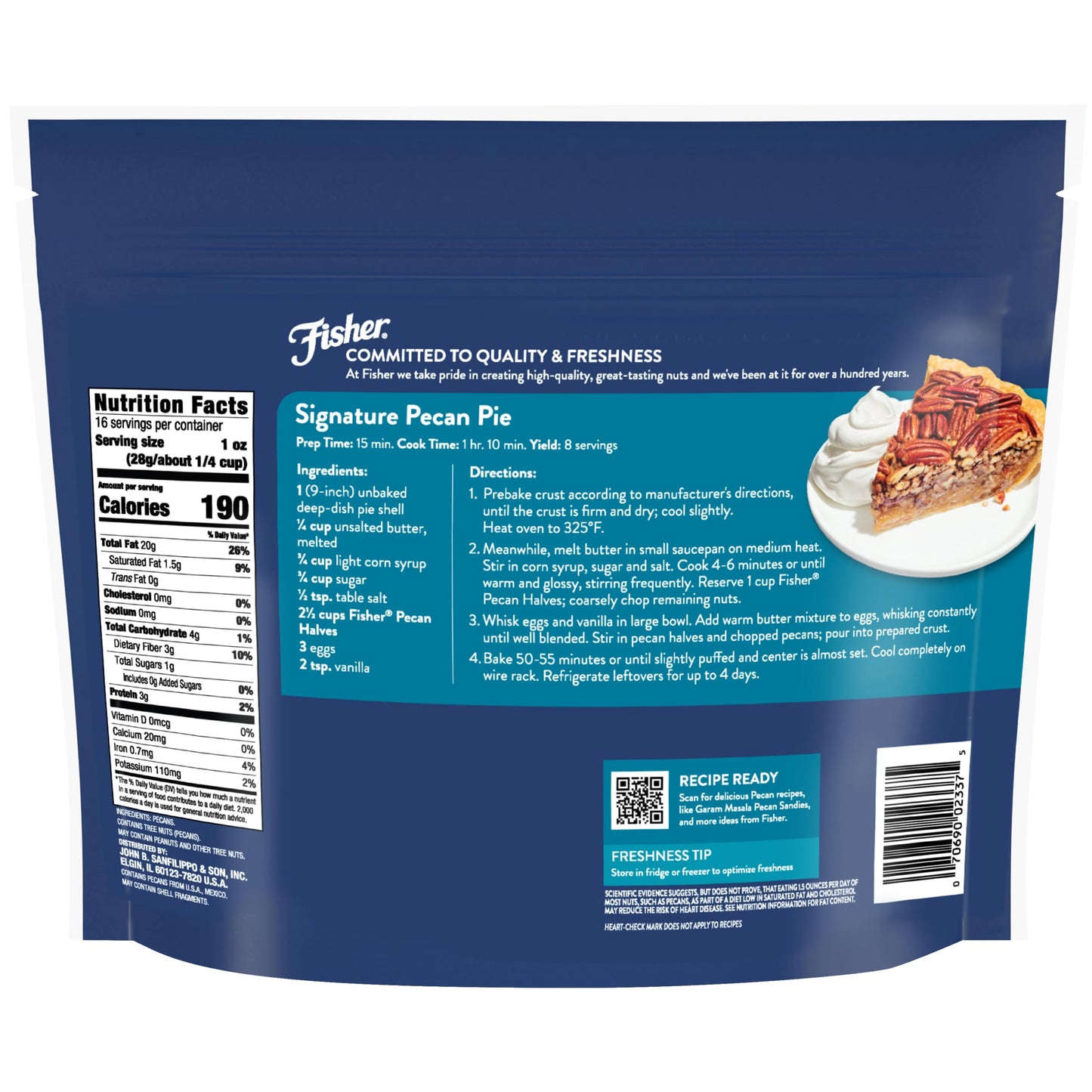Fisher Chef's Naturals Pecan Halves 1 Lb Resealable Bag, Unsalted Raw Nuts for Cooking, Baking & Snacking, Vegan Protein, Keto Snack, Healthy Snacks