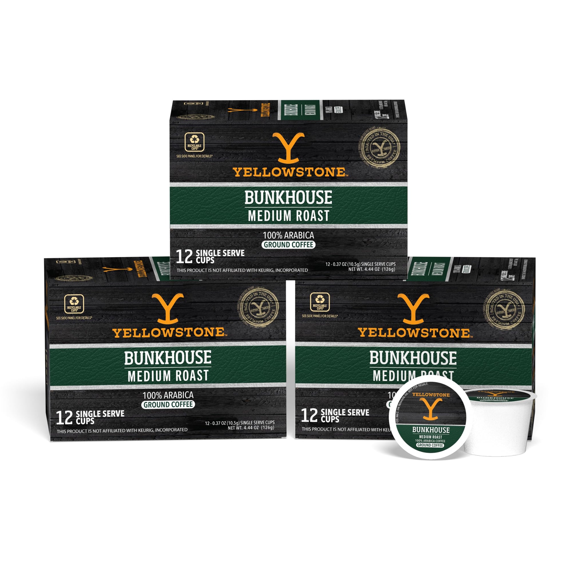 Yellowstone Bunkhouse Medium Roast Coffee, Single Serve Recyclable Pods/Cups, 100% Arabica Beans, 36 Count