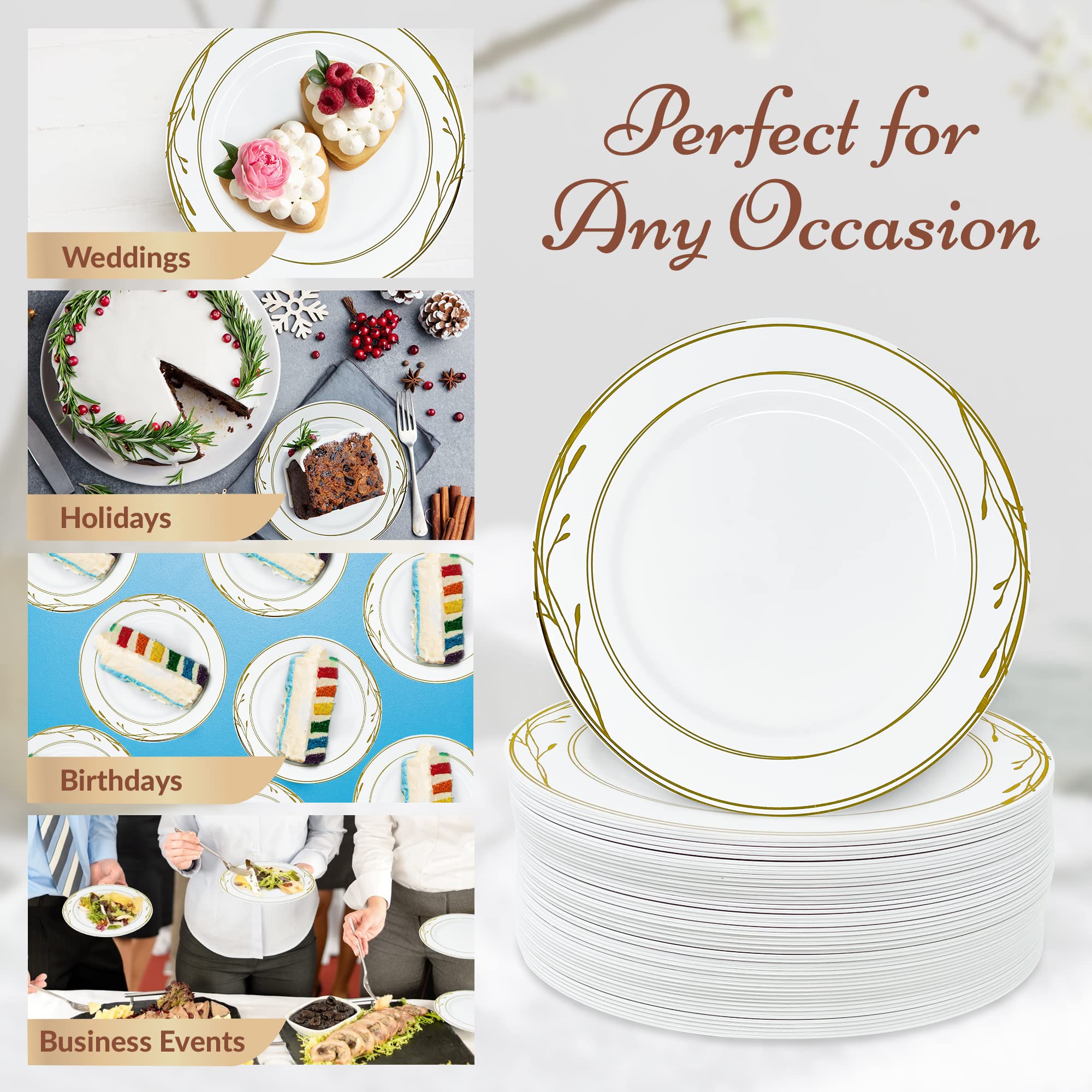 Reli. Disposable Plastic Plates, White & Gold Rim (50 Pcs, 7.5" Dessert Plate) | Hard Plastic, for Dessert/Salad/Cake | Heavy Duty Disposable Rounds