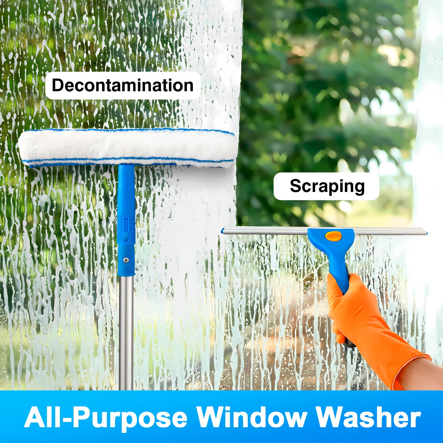 ARTIPOLY Squeegee for Window Cleaning, 14" Extra-Large Squeegee & Microfiber Scrubber Combi with 60" Stainless Steel Pole, Window Cleaning Kit