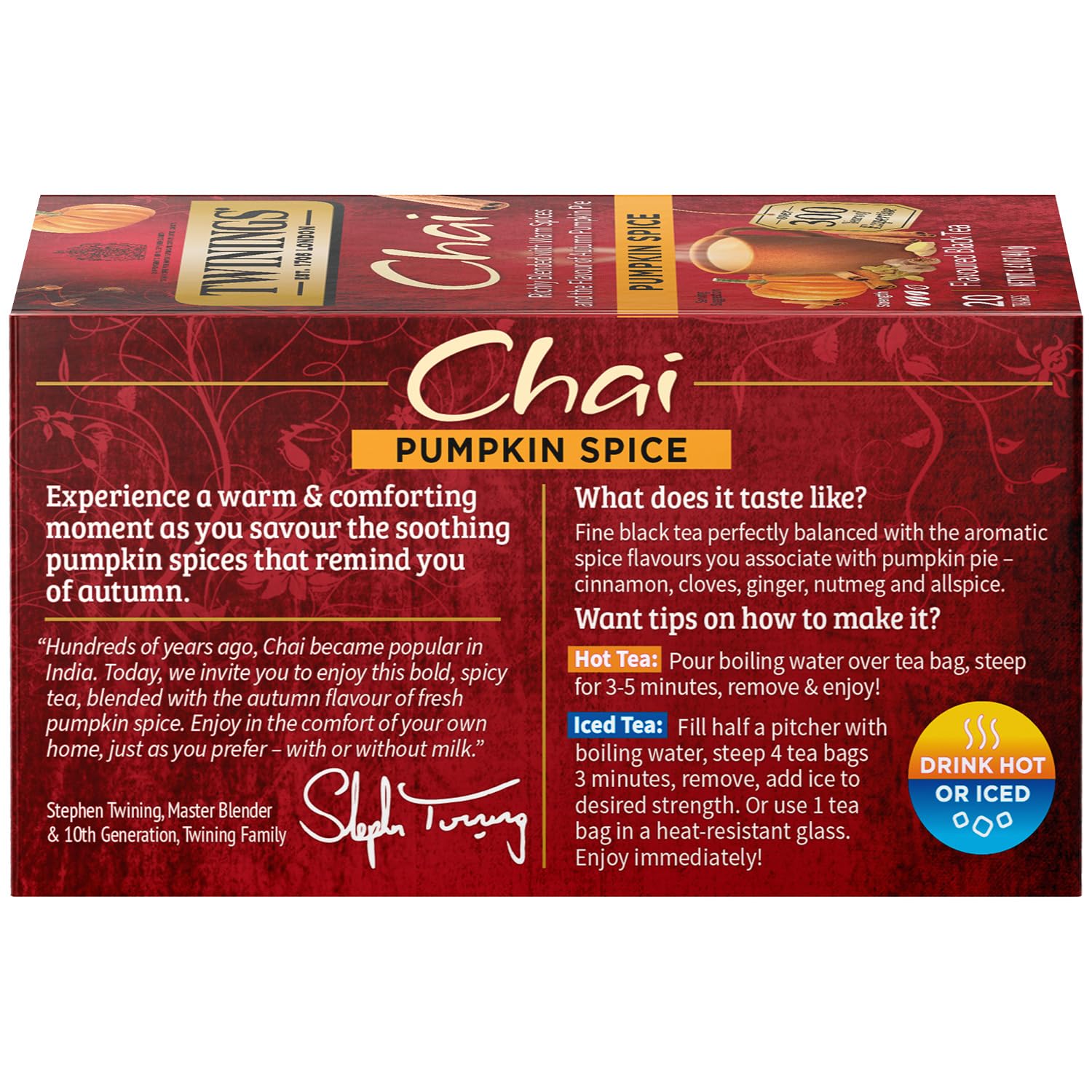 Twinings Pumpkin Spice Chai Tea, Caffeinated Black Tea Naturally Flavored with Aromatic Spices and Ginger, Tea Bags Individually Wrapped, 20 Count Ea