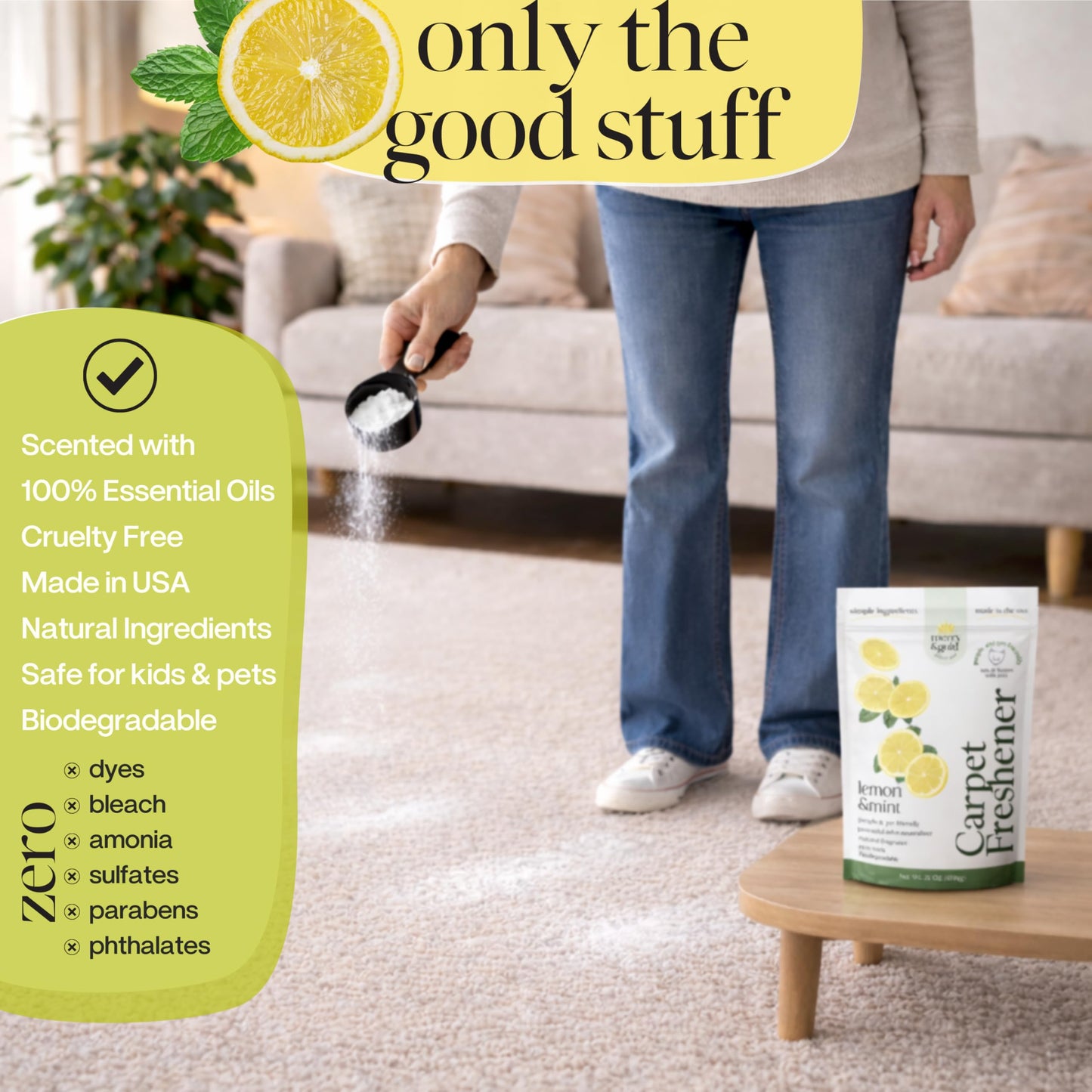 Merry & Gold Carpet Deodorizer & Freshener Powder | 31 oz Lemon + Mint | Pet Odor Eliminator for Rugs, Upholstery, Strong Odor Control & Pet Urine |