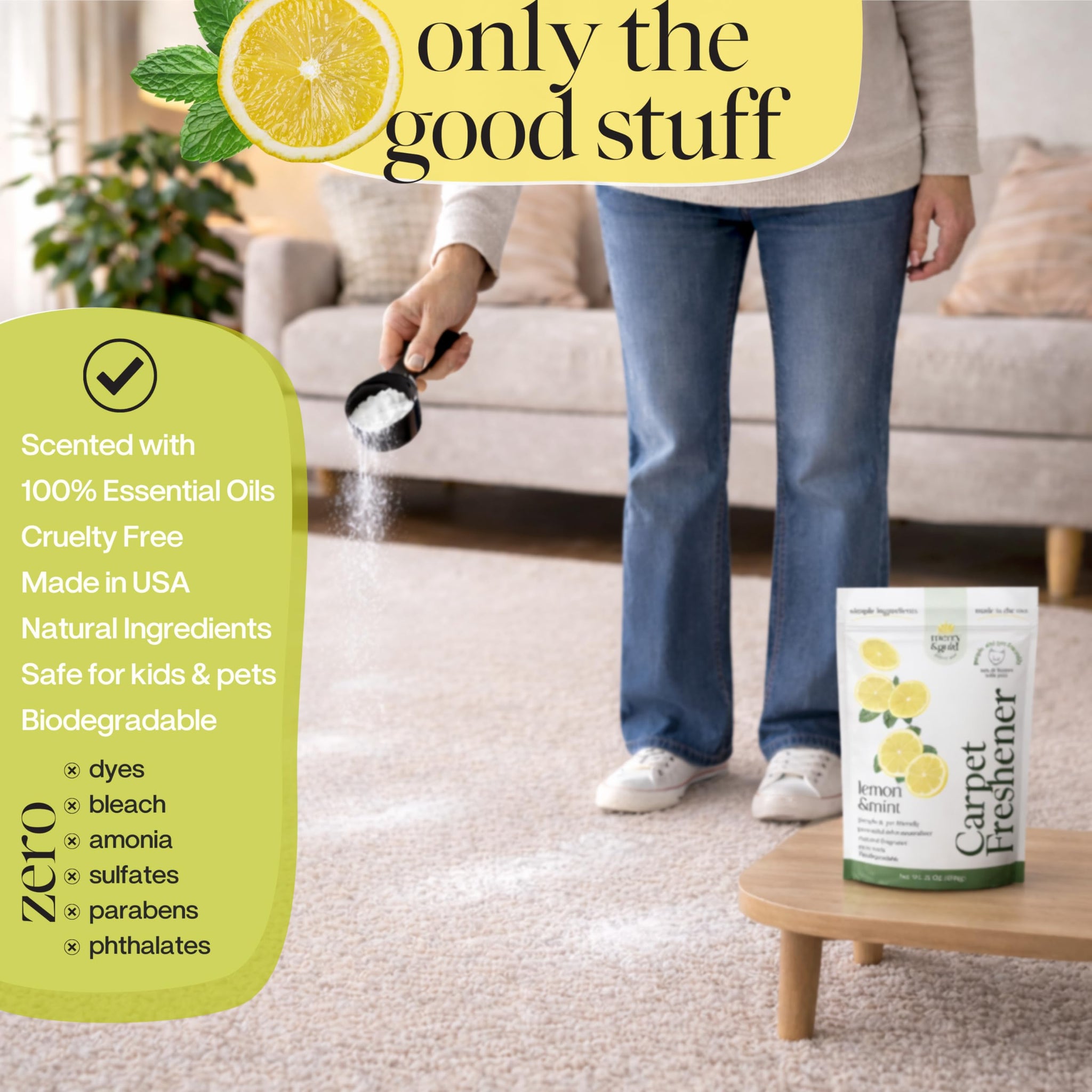 Merry & Gold Carpet Deodorizer & Freshener Powder | 31 oz Lemon + Mint | Pet Odor Eliminator for Rugs, Upholstery, Strong Odor Control & Pet Urine |