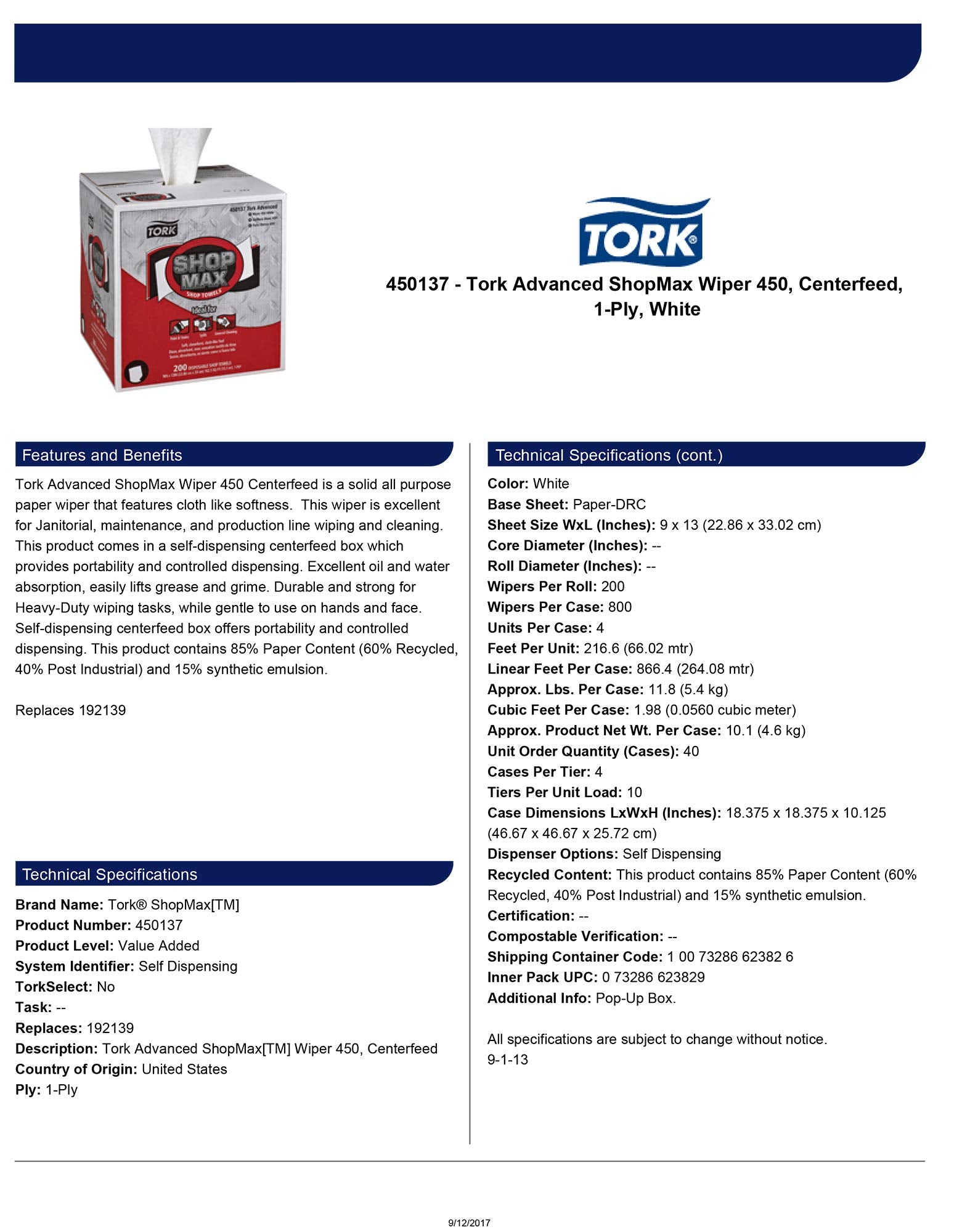 Tork ShopMax Heavy Duty Centerfeed Paper Towel White Self Dispensing, High Absorbency, 4 x 200 Sheets, 450137