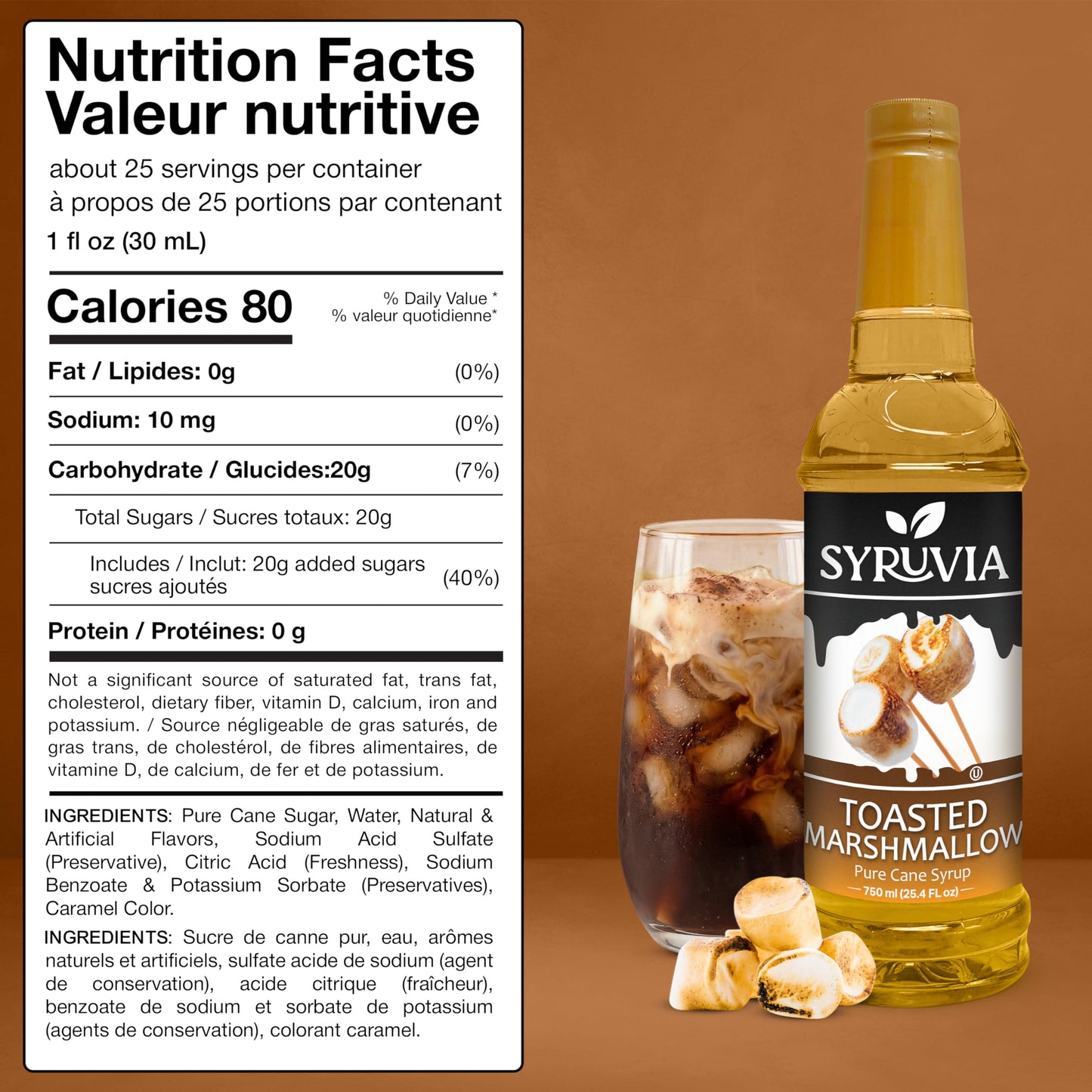 Syruvia Coffee Syrup, Toasted Marshmallow Flavored Syrup for Drinks, Lattes, and Desserts - 25.4 fl oz, With Pump