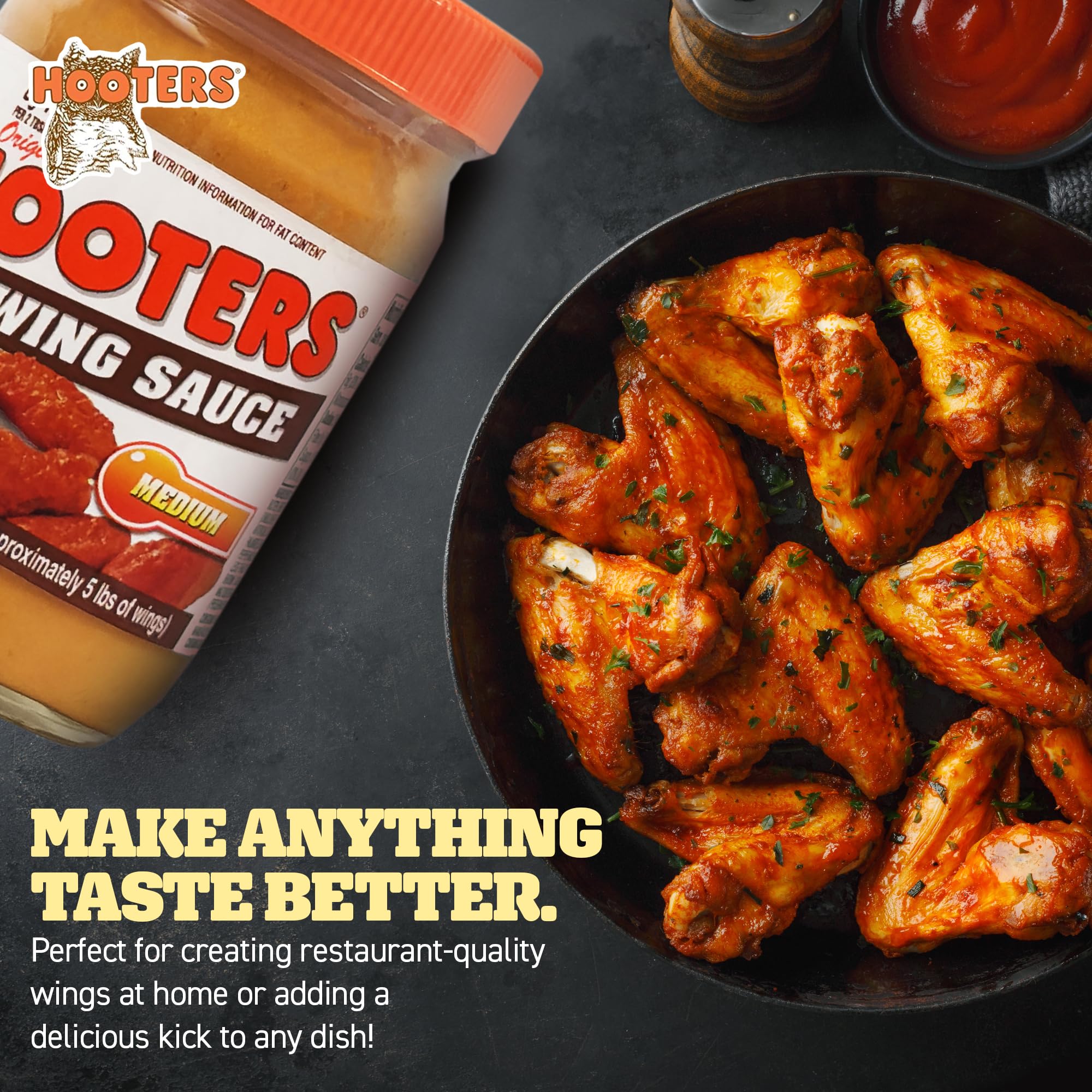 The Original Hooters Medium Wing Sauce - Ideal for Chicken Wings Dipping, Grilling, Seafood, Ribs, Spicy Hot Sauce, Balanced Restaurant Flavor